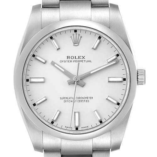 Photo of Rolex Oyster Perpetual White Dial Smooth Bezel Mens Watch 114200 Box Card