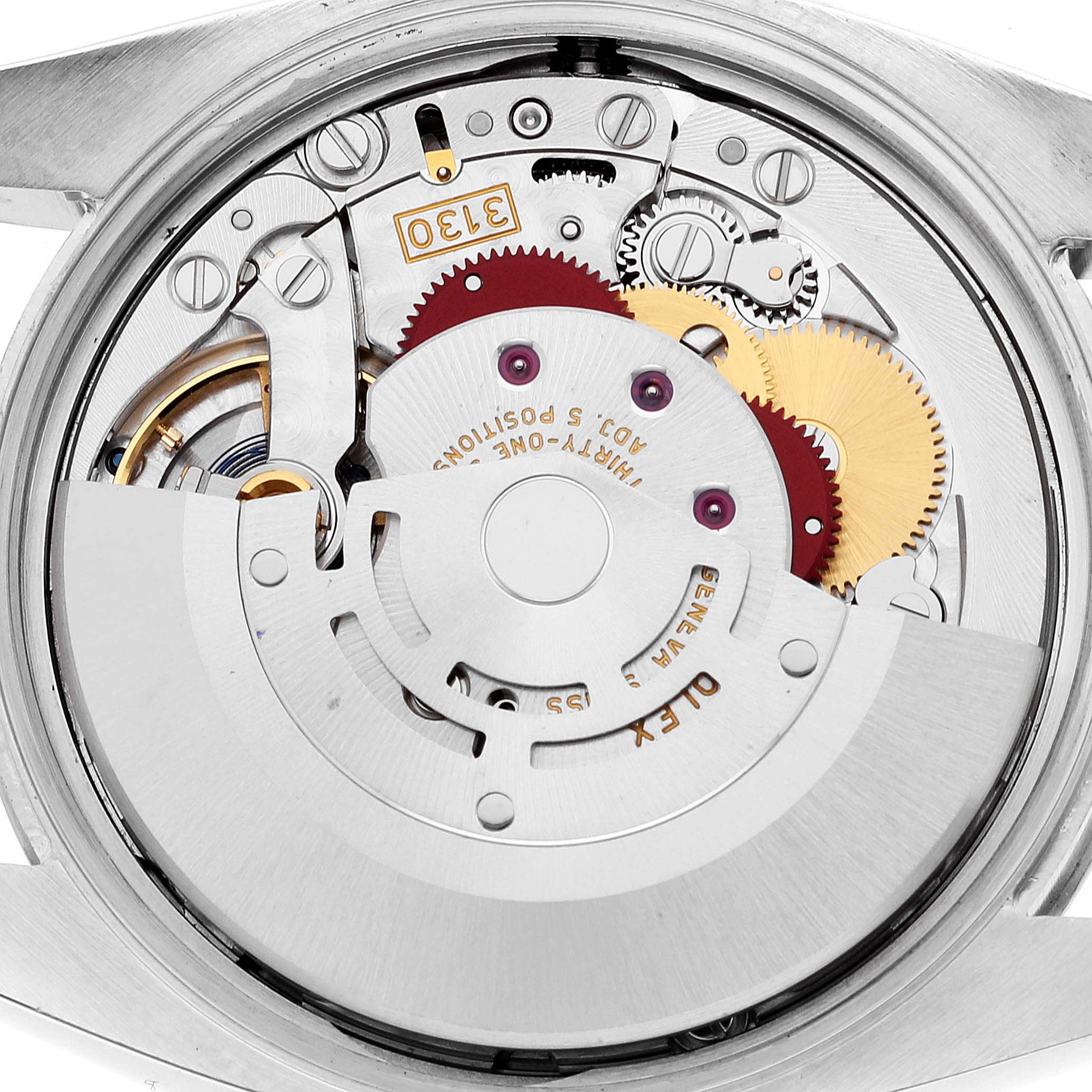 The image shows the internal movement mechanism of a Rolex Oyster Perpetual 114200 Men's Stainless Steel White Dial 114200 Men's Stainless Steel White Dial watch from a back view.