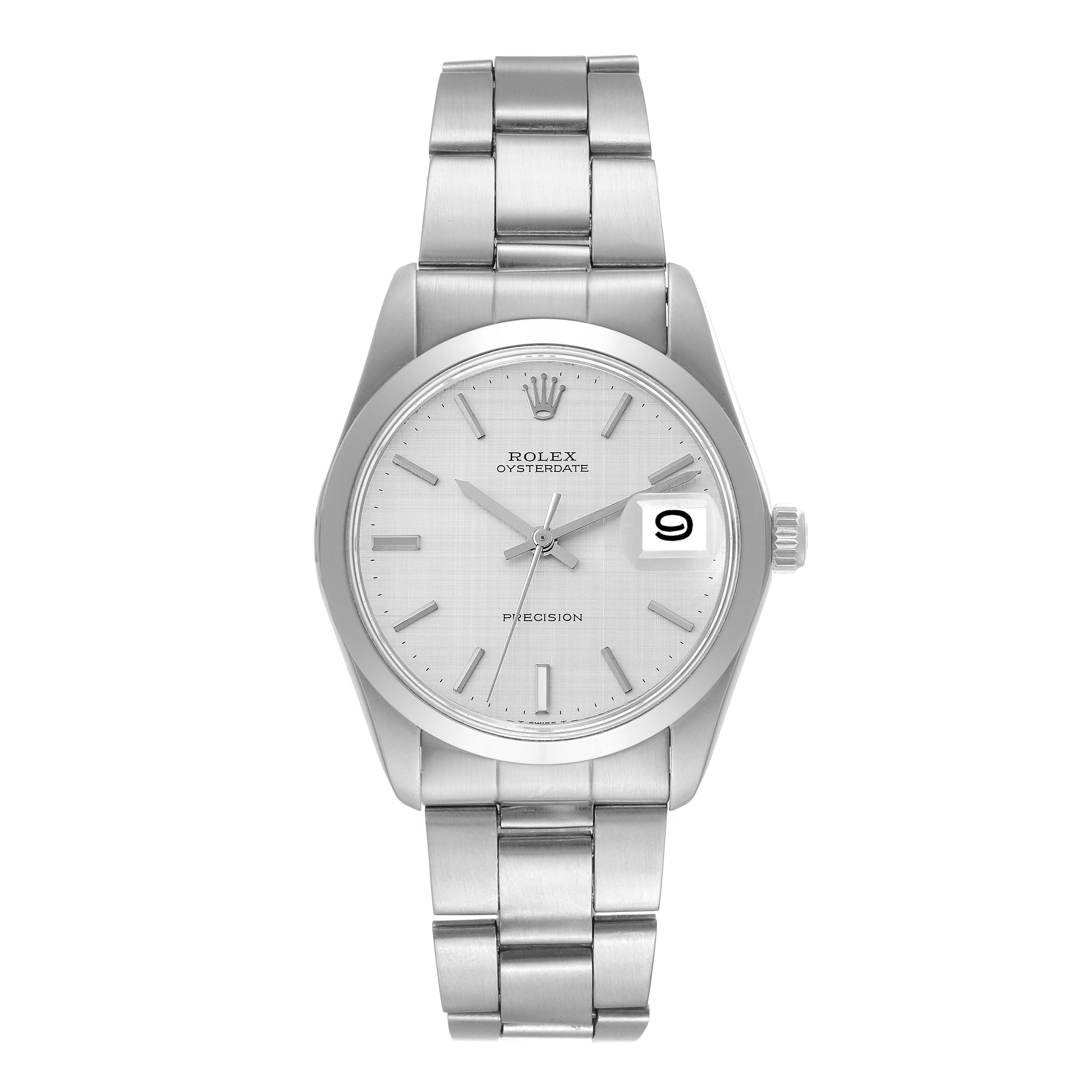 The image shows a front view of a Rolex Vintage Collection 6694 Men's Stainless Steel Silver Dial 6694 Men's Stainless Steel Silver Dial Oysterdate watch with a silver metal band.