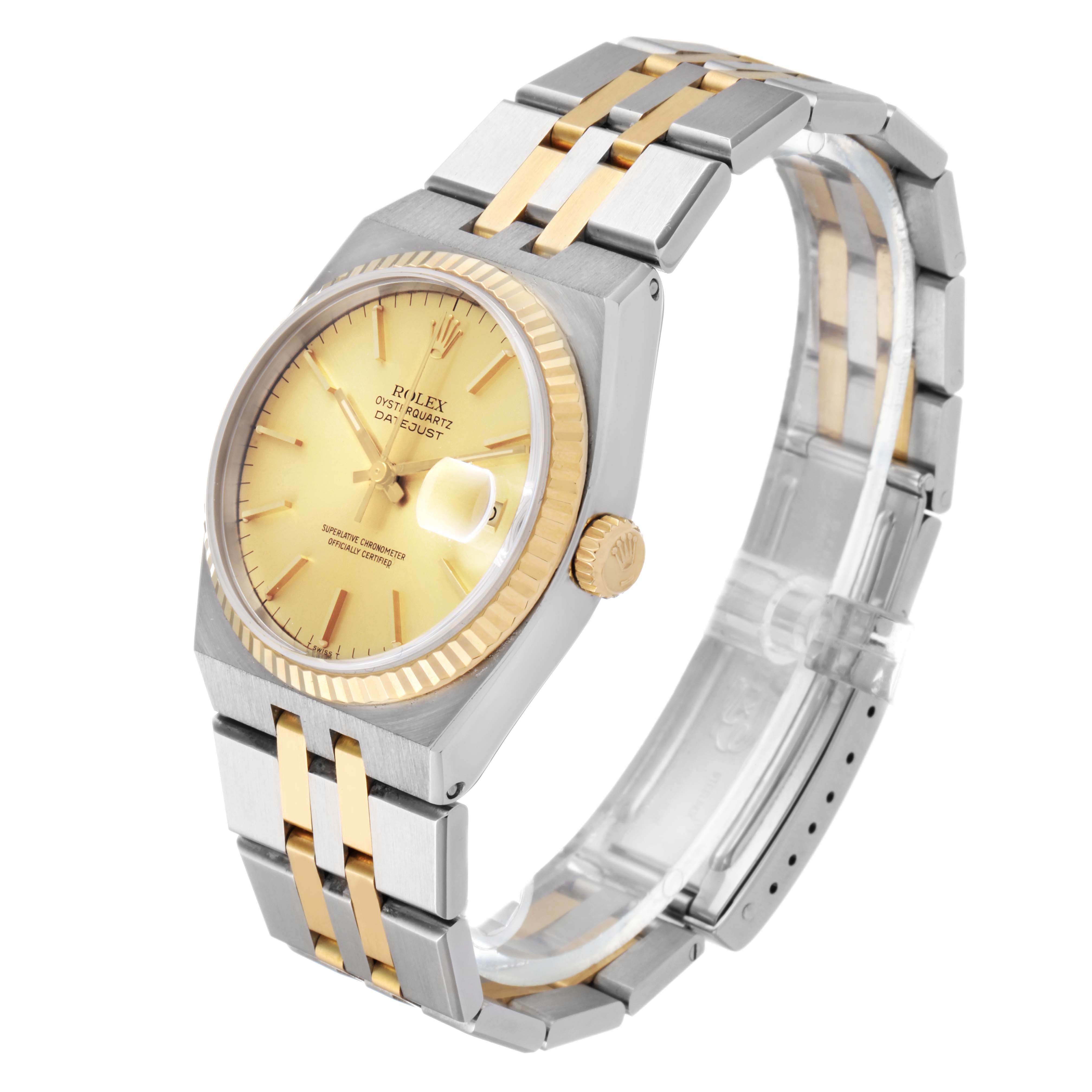 The Rolex Oysterquartz 17013 Men's Steel and Gold (two tone) Champagne Dial 17013 Men's Steel and Gold (two tone) Champagne Dial watch is shown at a slight angle, highlighting the dial, crown, and metal bracelet.