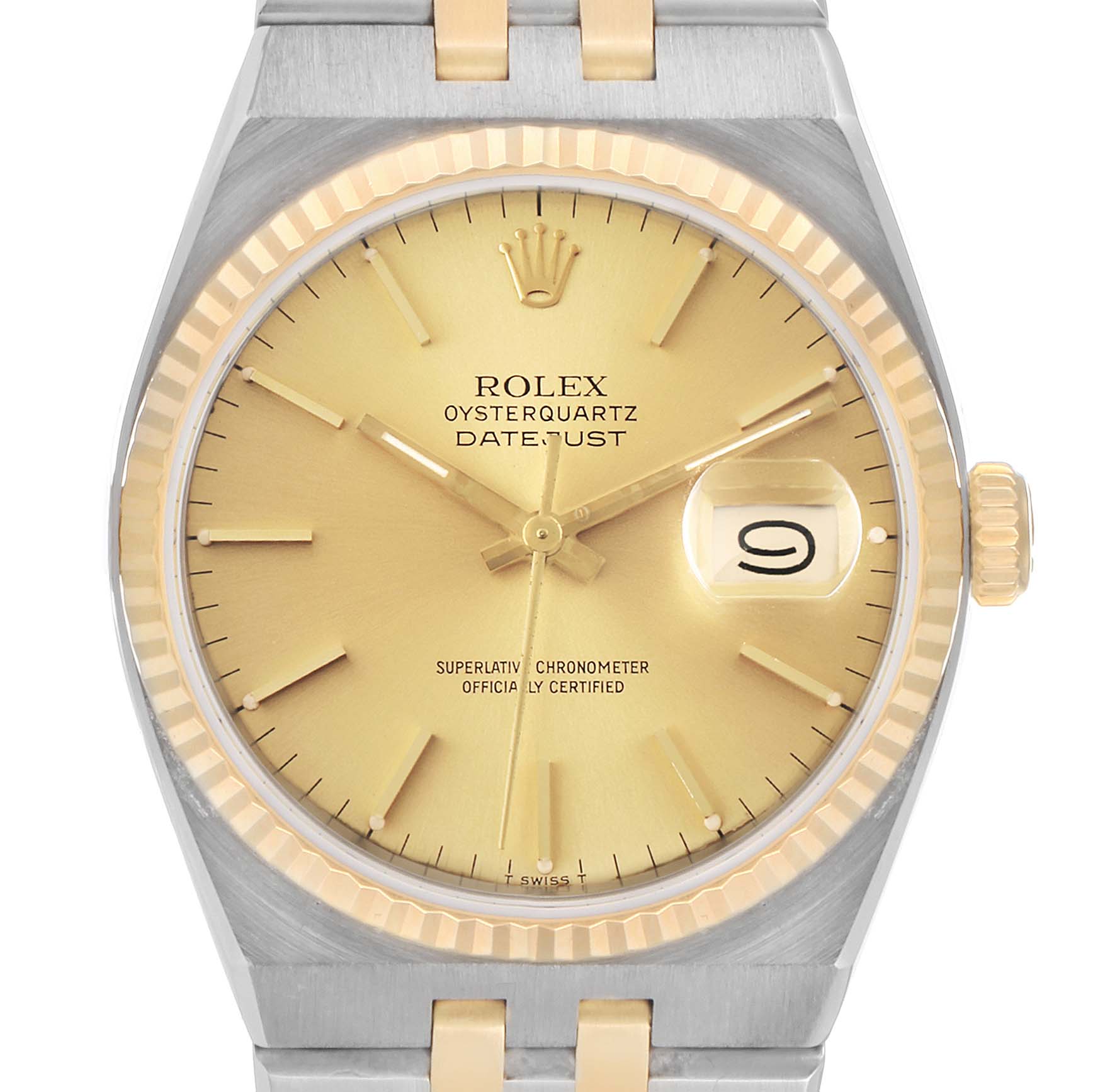 This image shows a front view of a Rolex Oysterquartz 17013 Men's Steel and Gold (two tone) Champagne Dial 17013 Men's Steel and Gold (two tone) Champagne Dial Datejust watch, highlighting its dial, hands, date window, and crown.
