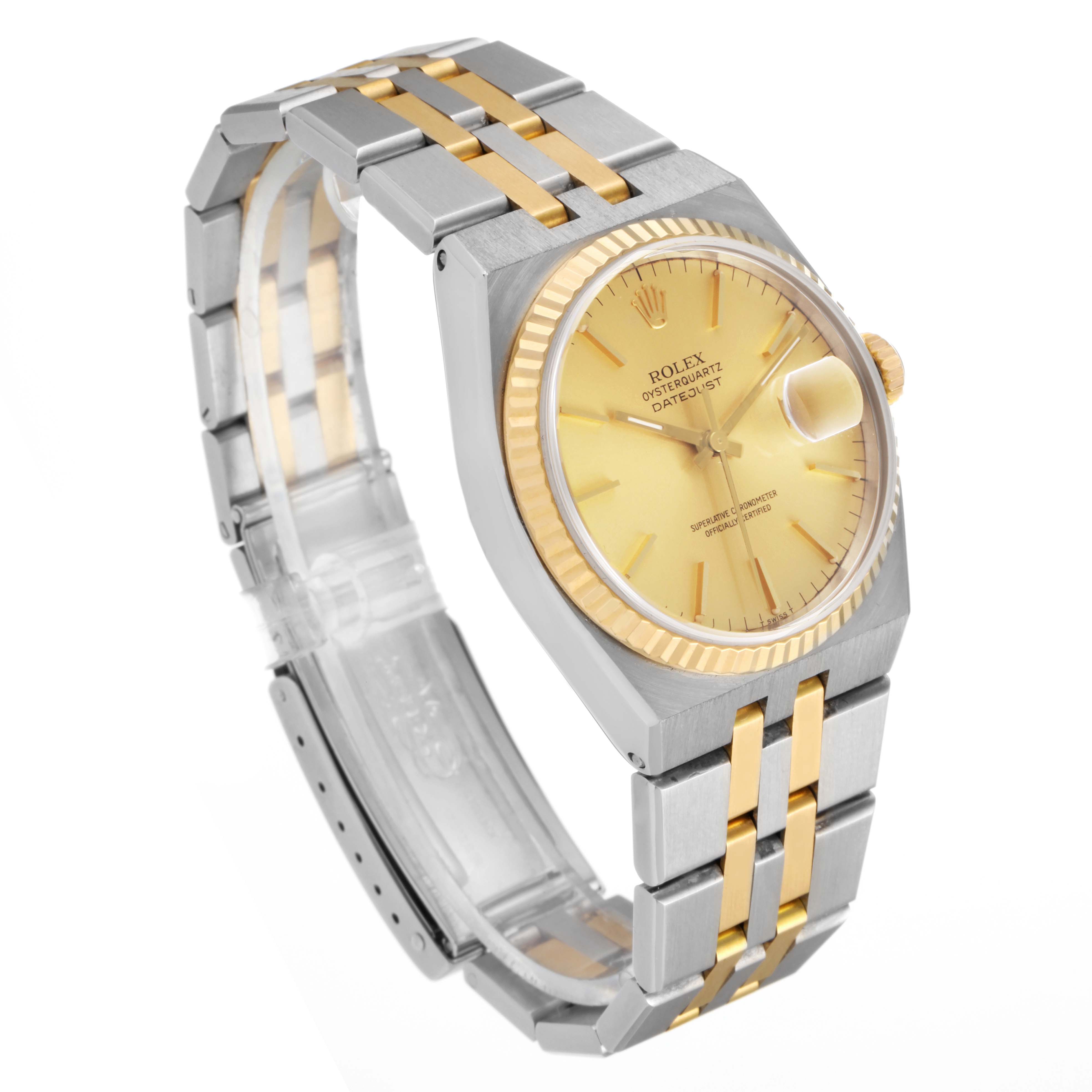 This image shows a side angle of a Rolex Oysterquartz 17013 Men's Steel and Gold (two tone) Champagne Dial 17013 Men's Steel and Gold (two tone) Champagne Dial watch highlighting its two-tone bracelet and gold dial.