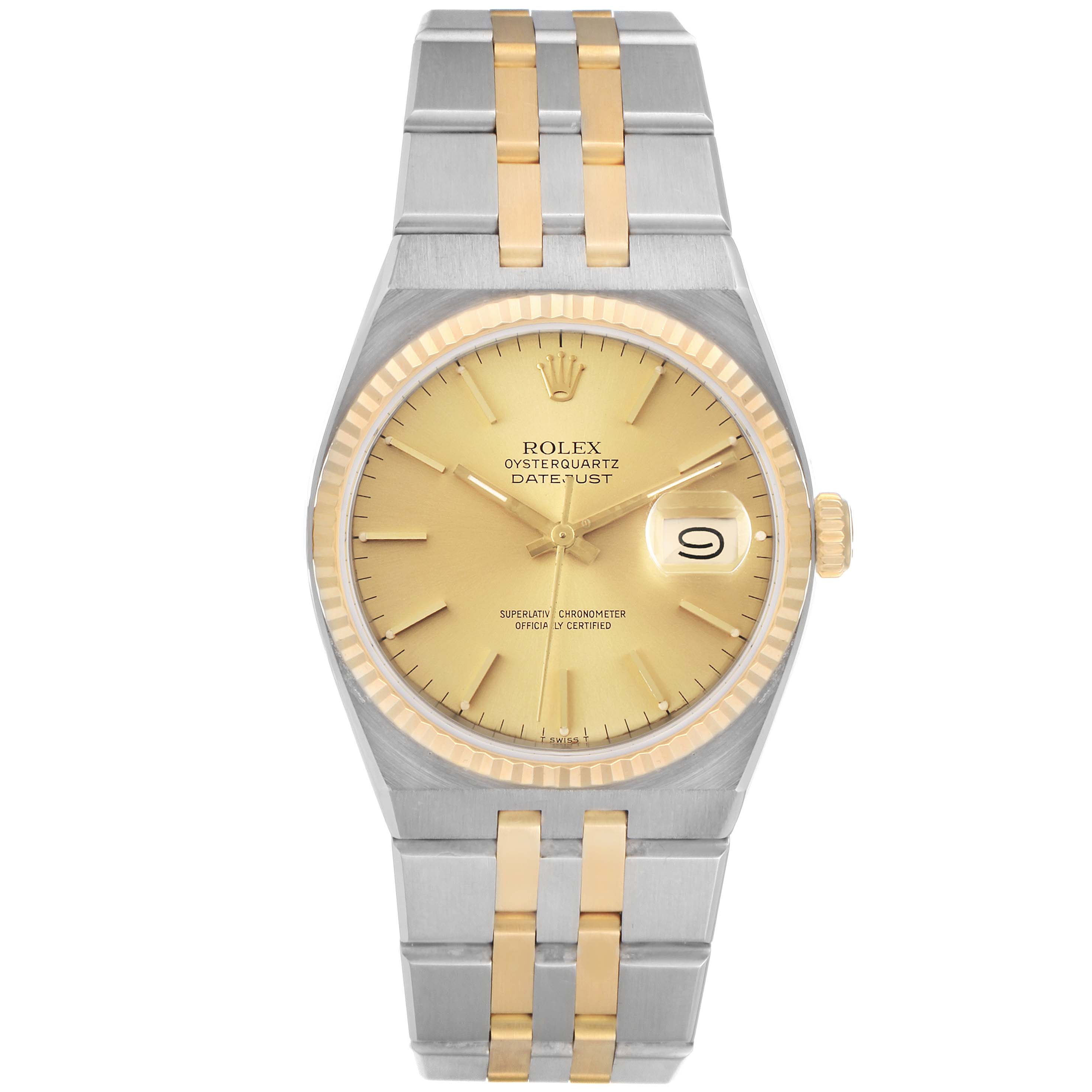 The image shows a front view of a Rolex Oysterquartz 17013 Men's Steel and Gold (two tone) Champagne Dial 17013 Men's Steel and Gold (two tone) Champagne Dial Datejust watch, displaying its gold dial, fluted bezel, and two-tone bracelet.