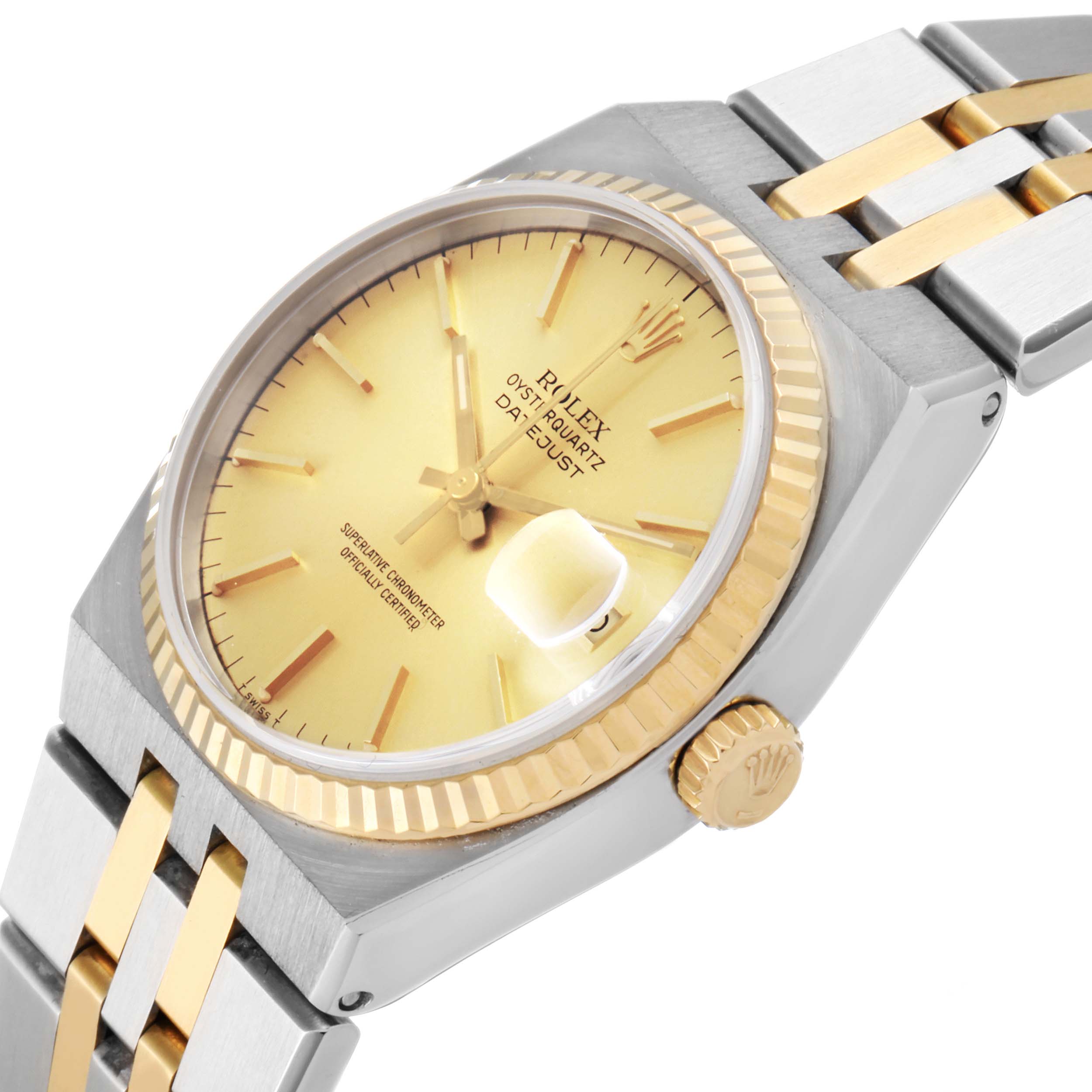 This image of the Rolex Oysterquartz 17013 Men's Steel and Gold (two tone) Champagne Dial 17013 Men's Steel and Gold (two tone) Champagne Dial watch is taken from a three-quarter angle, showcasing the dial, bezel, crown, and part of the bracelet.