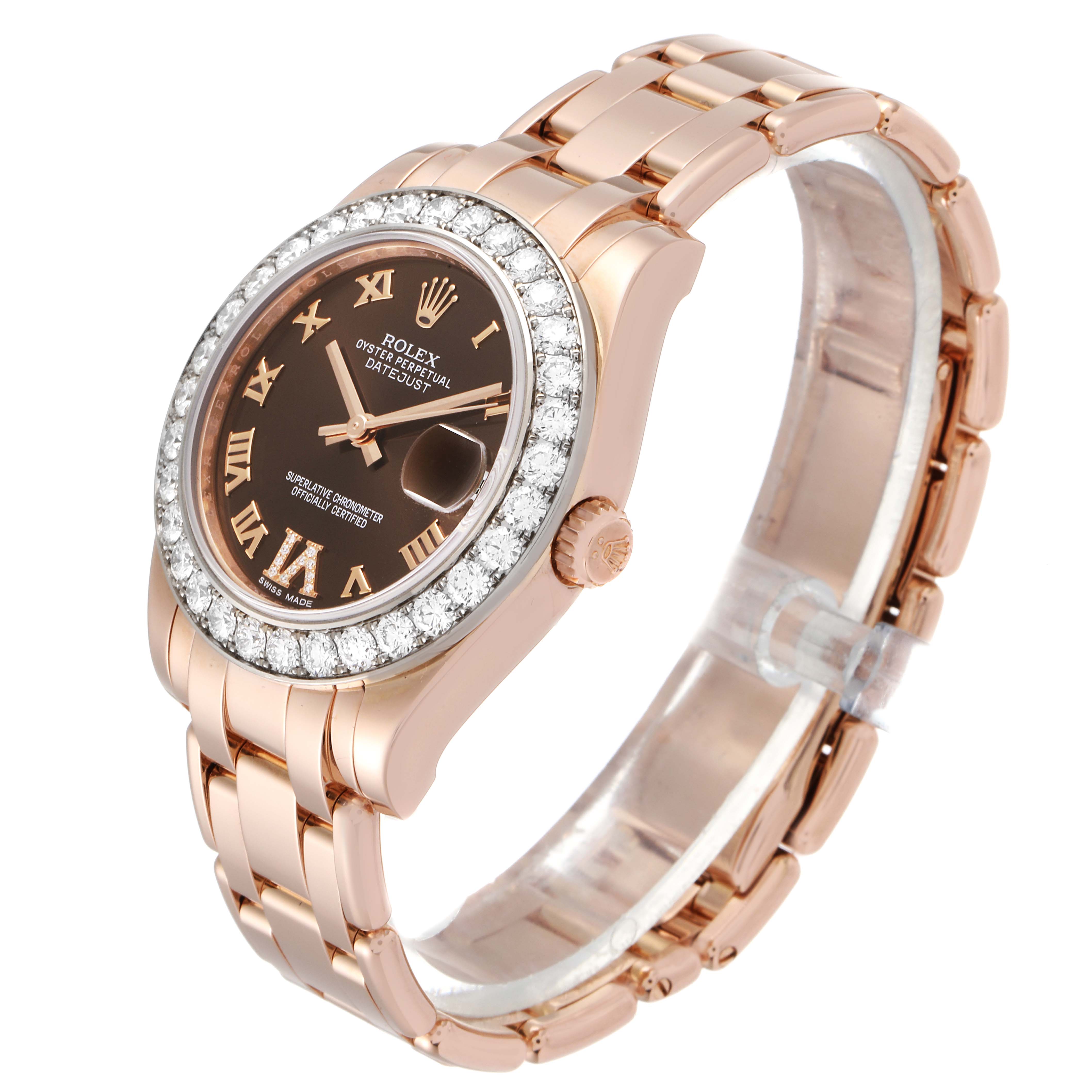 The Rolex Pearlmaster 81285 Women's Rose Gold Brown Dial 81285 Women's Rose Gold Brown Dial watch is shown at a slight angle, displaying its face, bezel, crown, and bracelet.