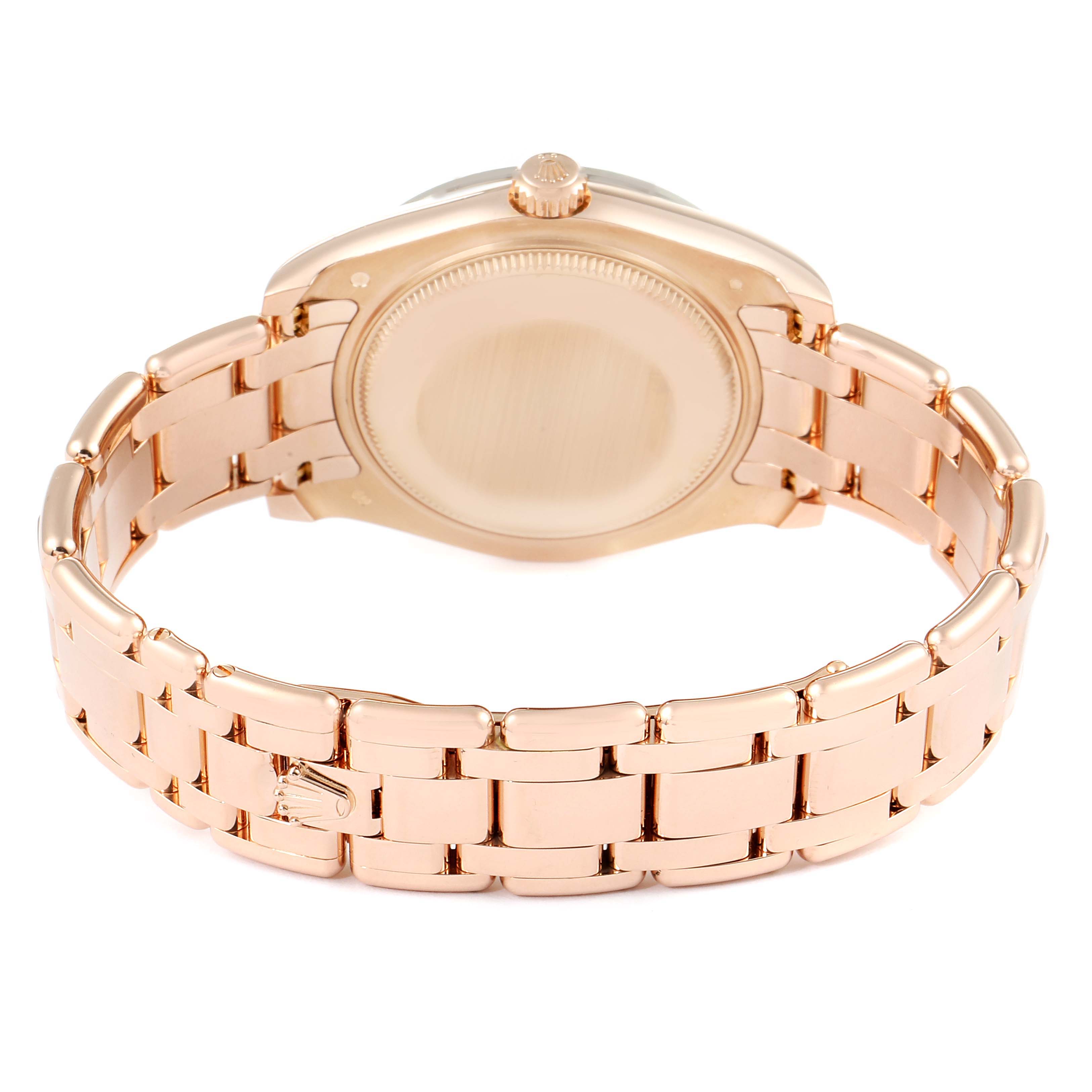 The image shows the back and bracelet of a Rolex Pearlmaster 81285 Women's Rose Gold Brown Dial 81285 Women's Rose Gold Brown Dial watch at a rear angle.