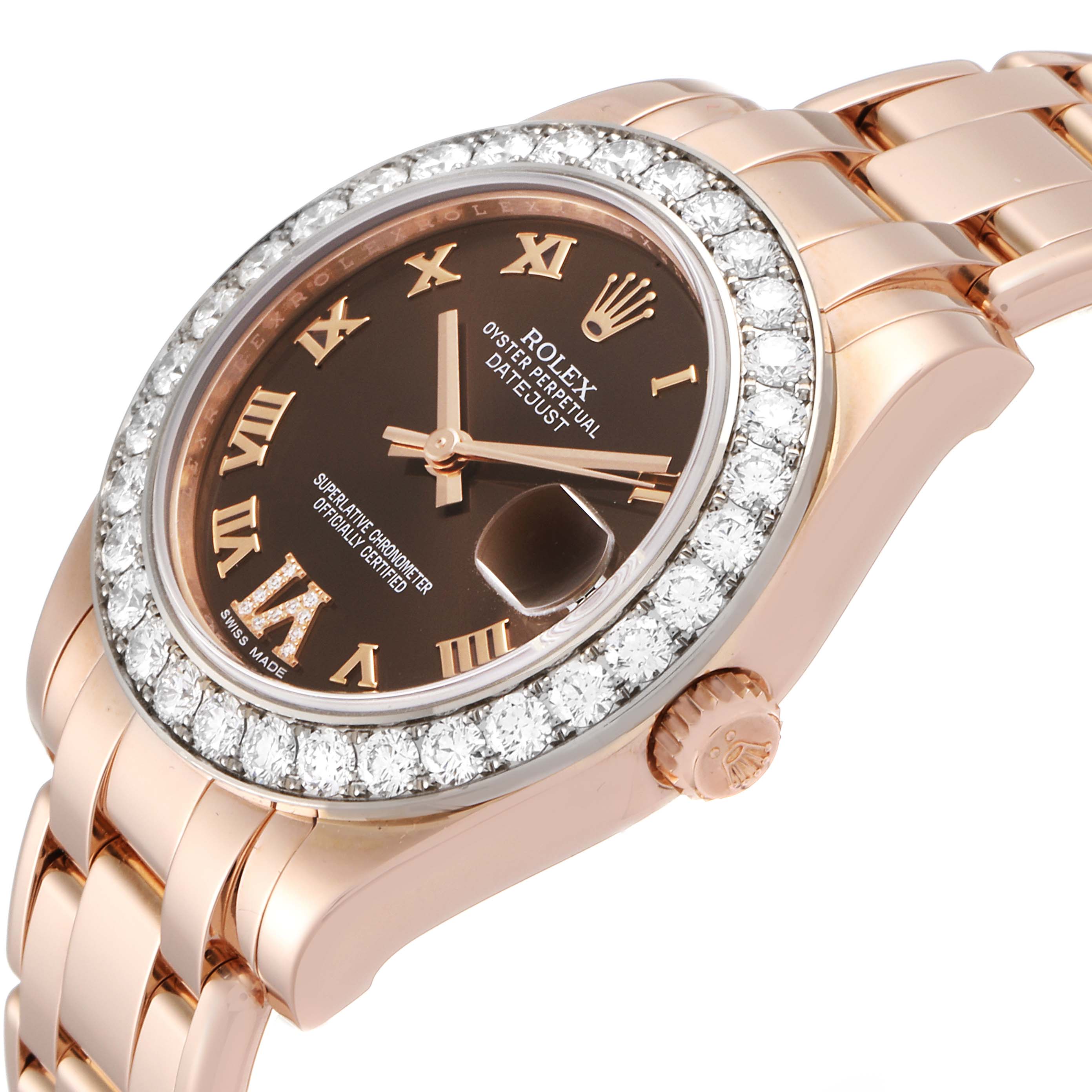 This Rolex Pearlmaster 81285 Women's Rose Gold Brown Dial 81285 Women's Rose Gold Brown Dial watch is shown from an angled close-up, highlighting its diamond bezel, brown dial, and rose gold bracelet.