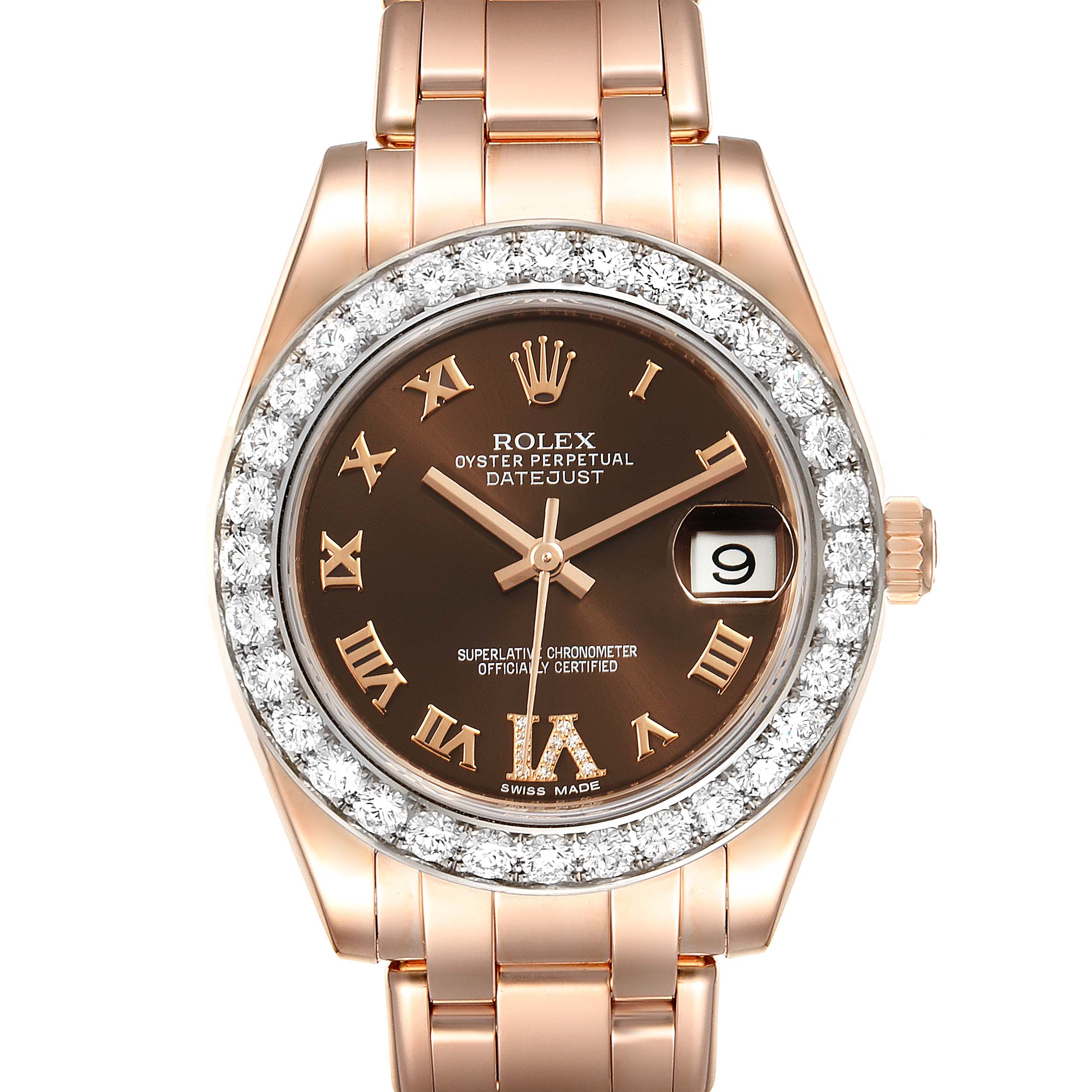 The image shows a front view of a Rolex Pearlmaster 81285 Women's Rose Gold Brown Dial 81285 Women's Rose Gold Brown Dial watch, displaying its bezel, dial, and part of its bracelet.