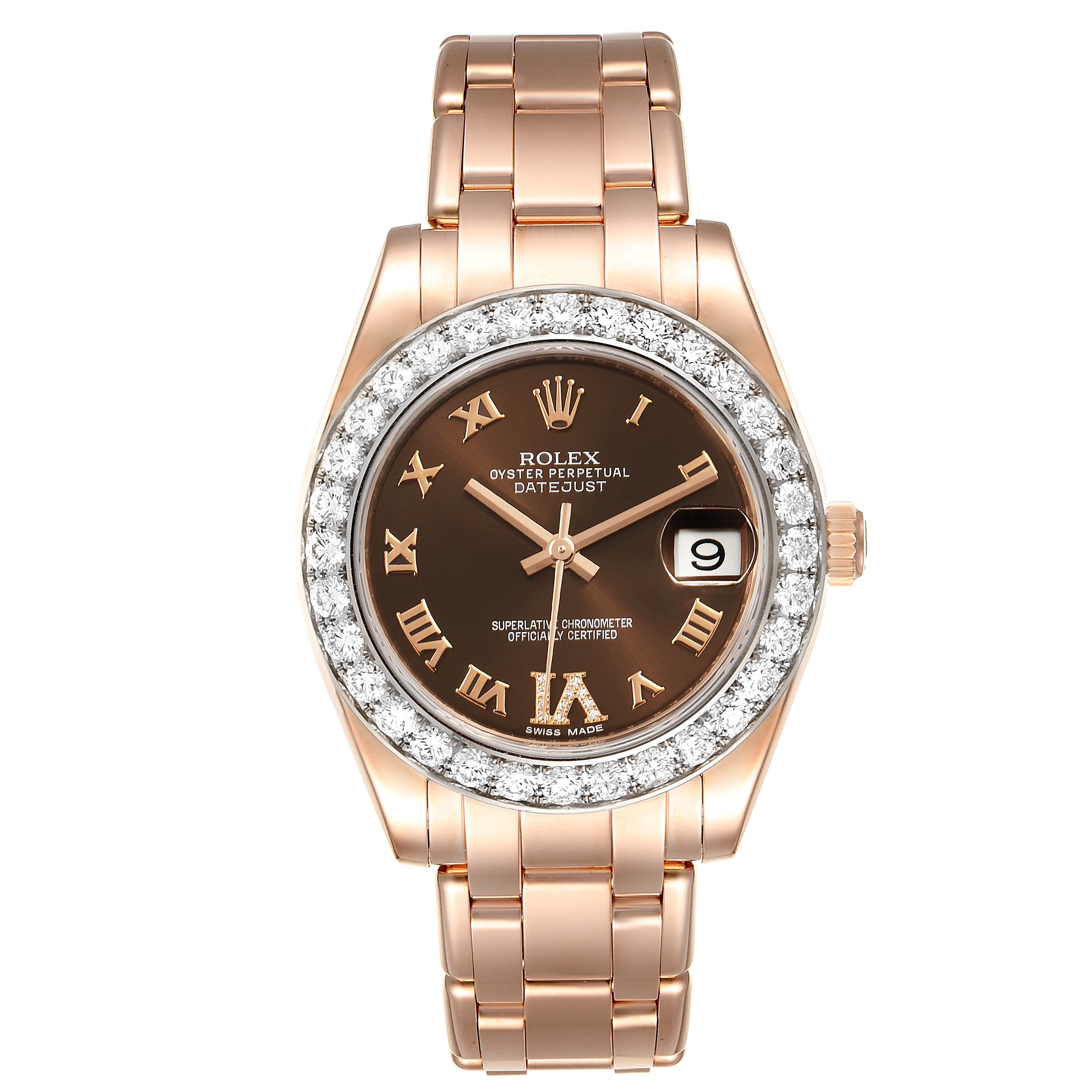 The image shows a front view of a Rolex Pearlmaster 81285 Women's Rose Gold Brown Dial 81285 Women's Rose Gold Brown Dial watch, highlighting the dial, bezel, and bracelet.