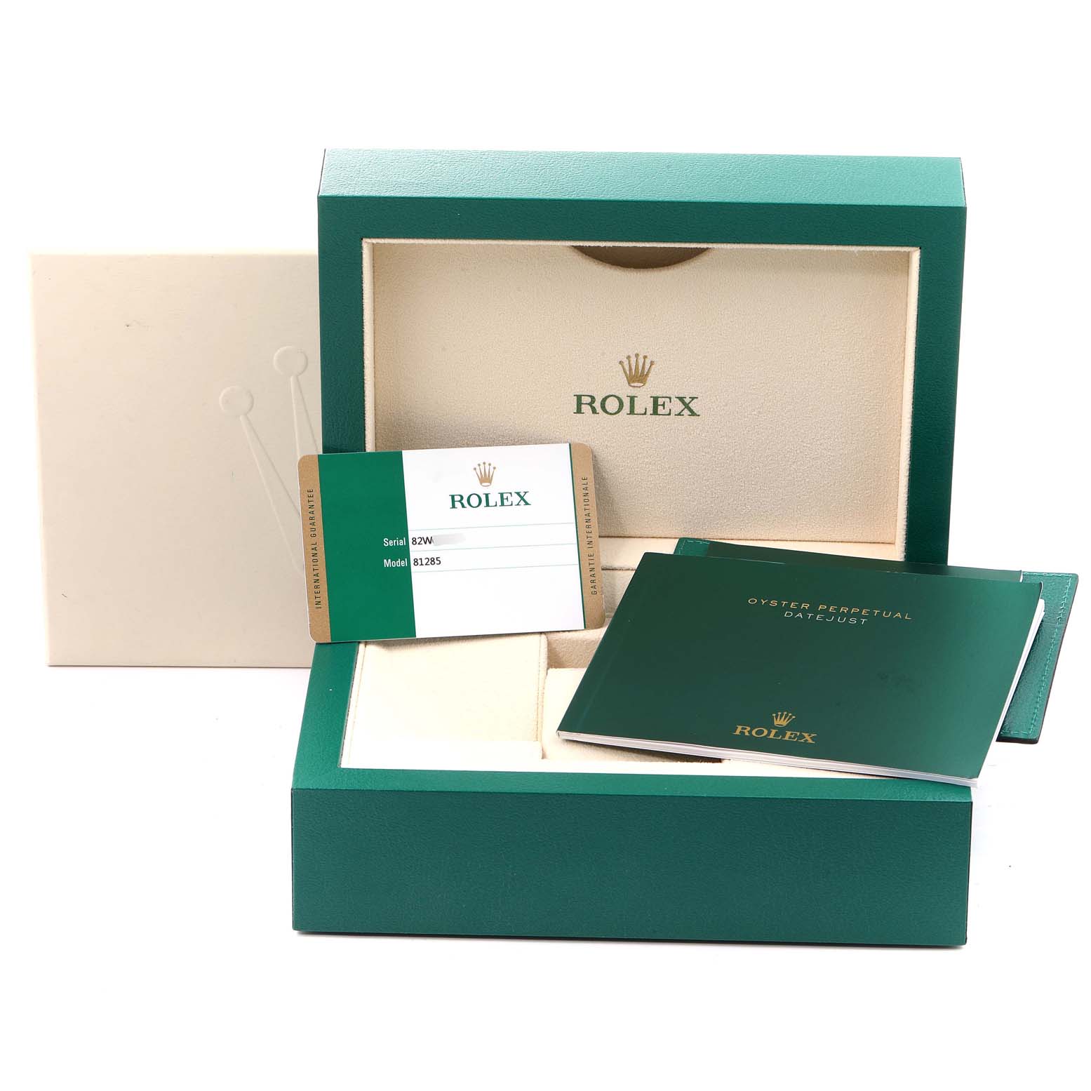 The image shows the packaging and warranty card for a Rolex Pearlmaster 81285 Women's Rose Gold Brown Dial 81285 Women's Rose Gold Brown Dial watch, including the box and manuals.
