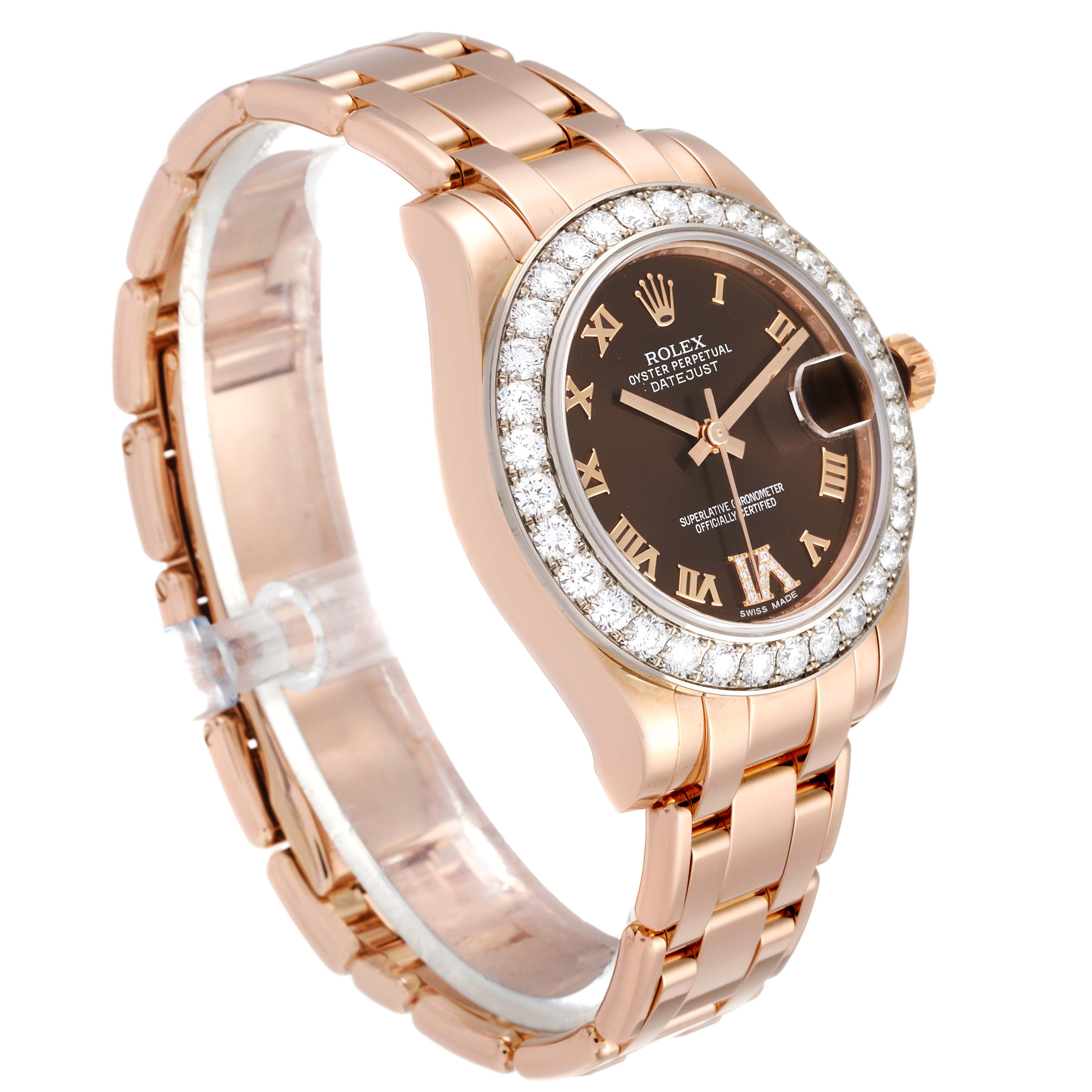 This image shows a Rolex Pearlmaster 81285 Women's Rose Gold Brown Dial 81285 Women's Rose Gold Brown Dial watch from a three-quarter angle, highlighting the face, bezel, crown, and bracelet.