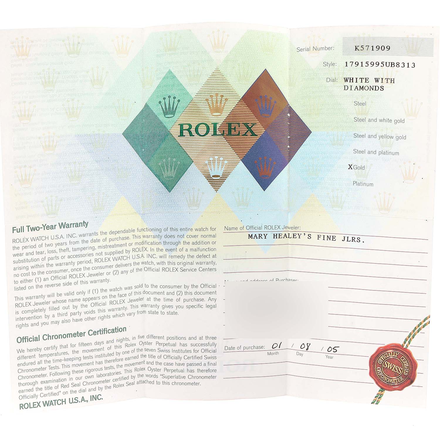 This image shows a warranty certificate and official chronometer certification for the Rolex President 179159 Women's White Gold White Dial 179159 Women's White Gold White Dial model watch.