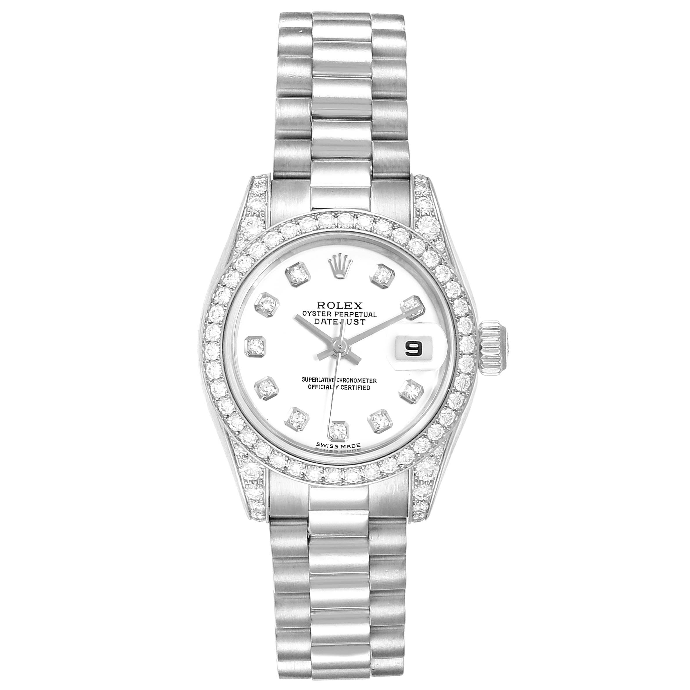 This image shows a front view of a Rolex President 179159 Women's White Gold White Dial 179159 Women's White Gold White Dial model watch, highlighting the dial, bracelet, and diamond-set bezel.
