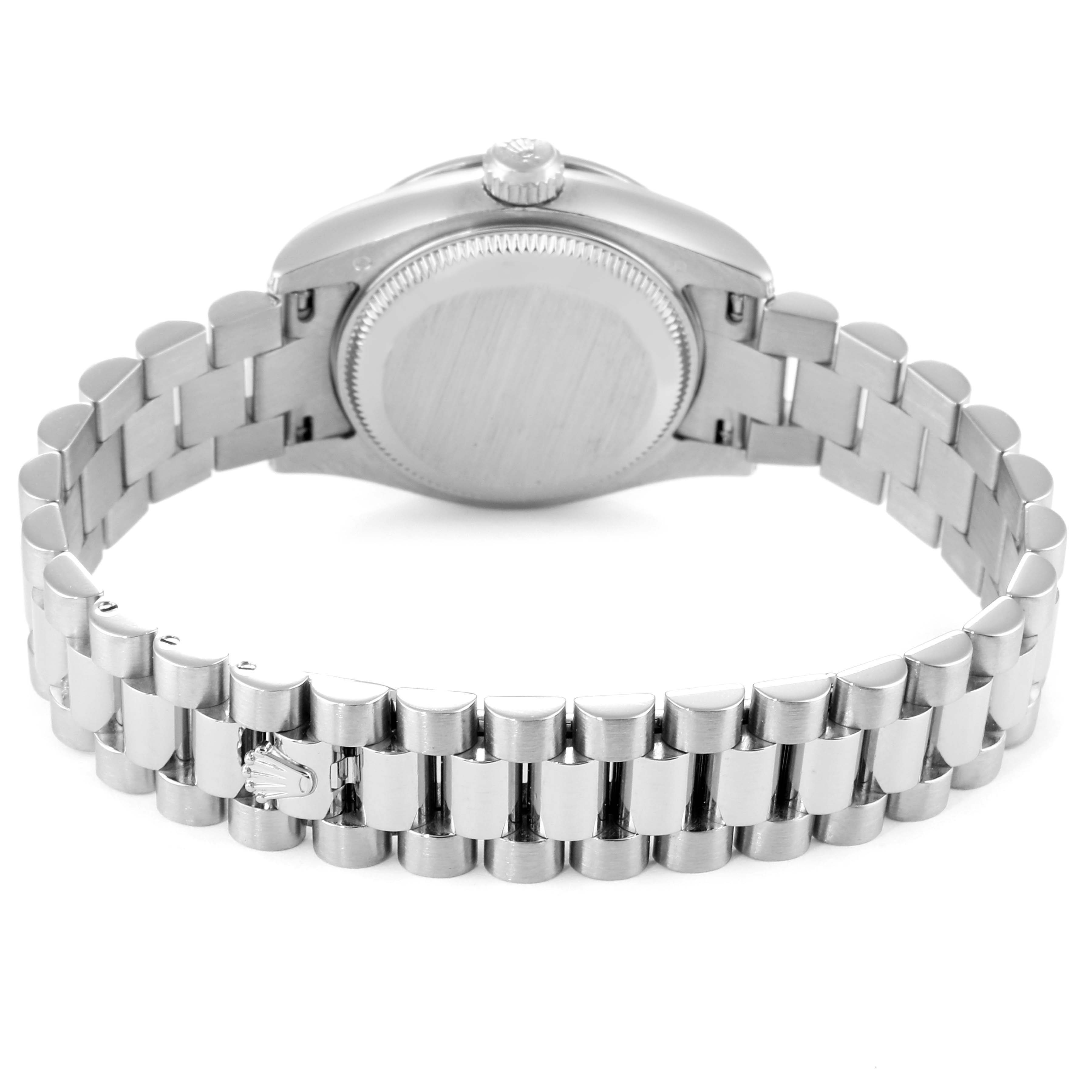 This is the back view of the Rolex President 179159 Women's White Gold White Dial 179159 Women's White Gold White Dial model watch, showing the case back, crown, and Jubilee bracelet.