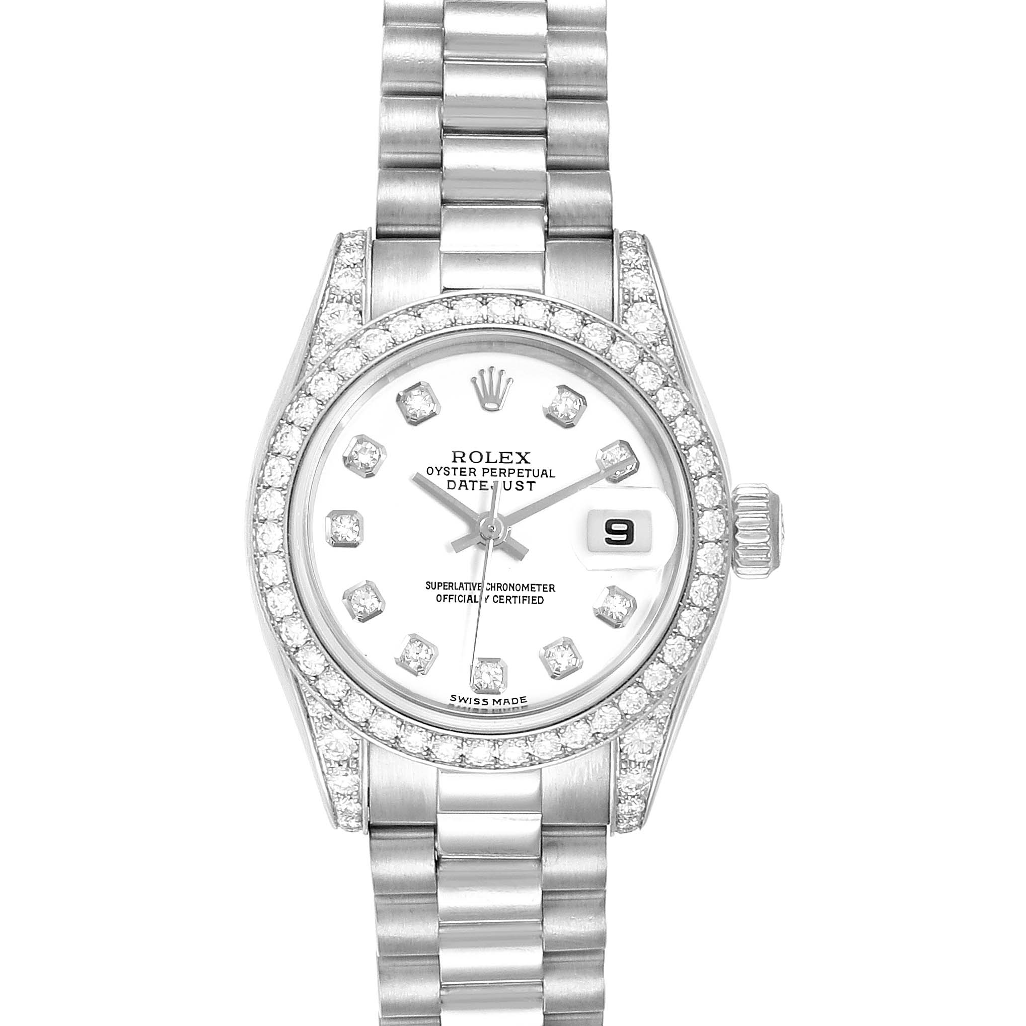This image shows a frontal view of a Rolex President 179159 Women's White Gold White Dial 179159 Women's White Gold White Dial model watch, highlighting the dial, bracelet, bezel, and date window.