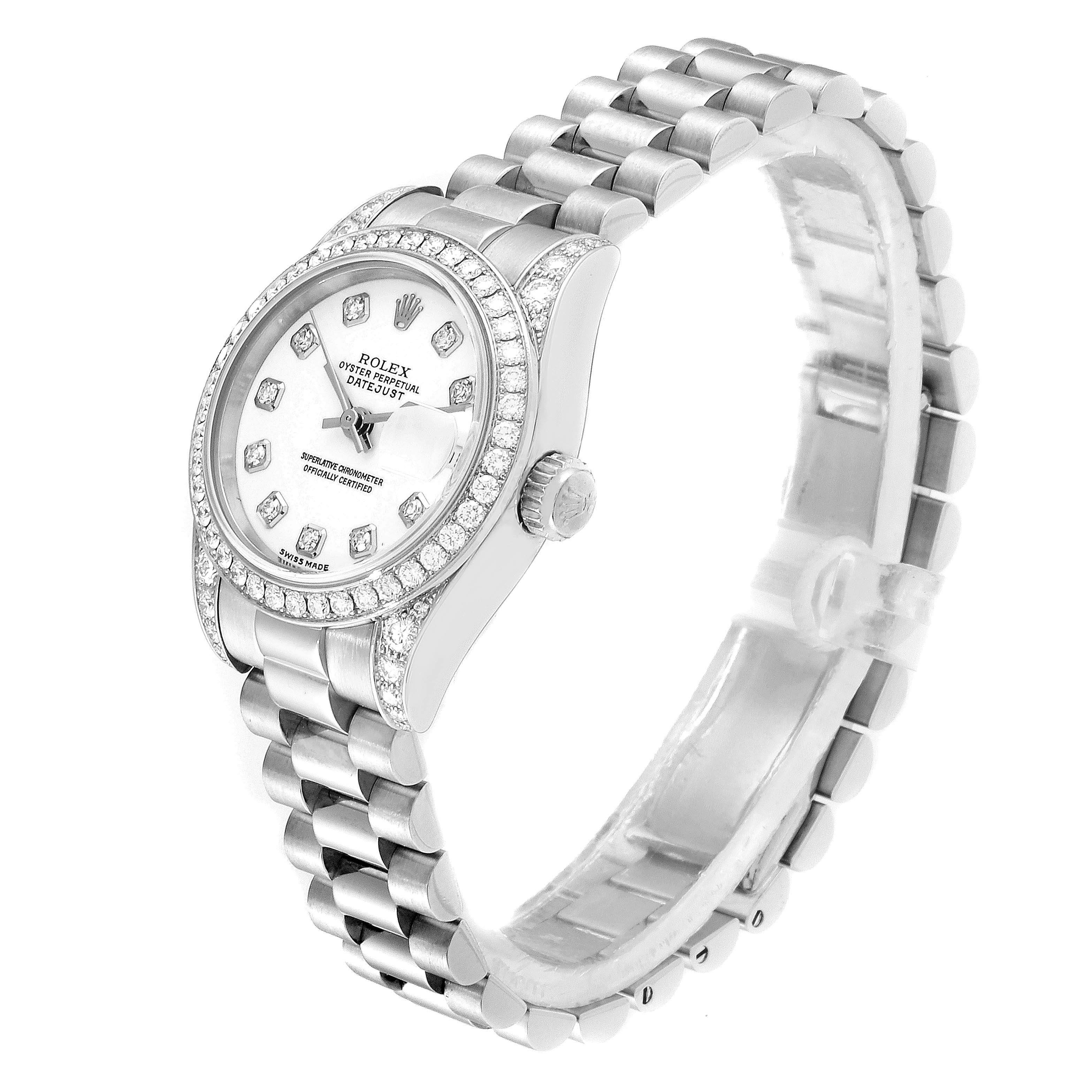 The Rolex President 179159 Women's White Gold White Dial 179159 Women's White Gold White Dial model watch is shown at an angle displaying the face, bezel, crown, and bracelet.