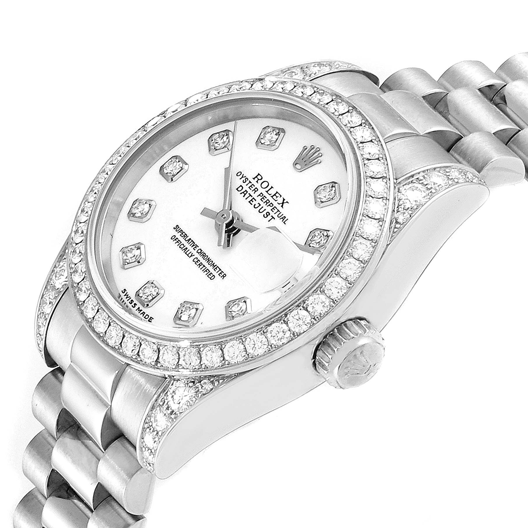 The image shows a Rolex President 179159 Women's White Gold White Dial 179159 Women's White Gold White Dial model watch from an angled perspective, highlighting its diamond bezel, dial, crown, and part of the bracelet.