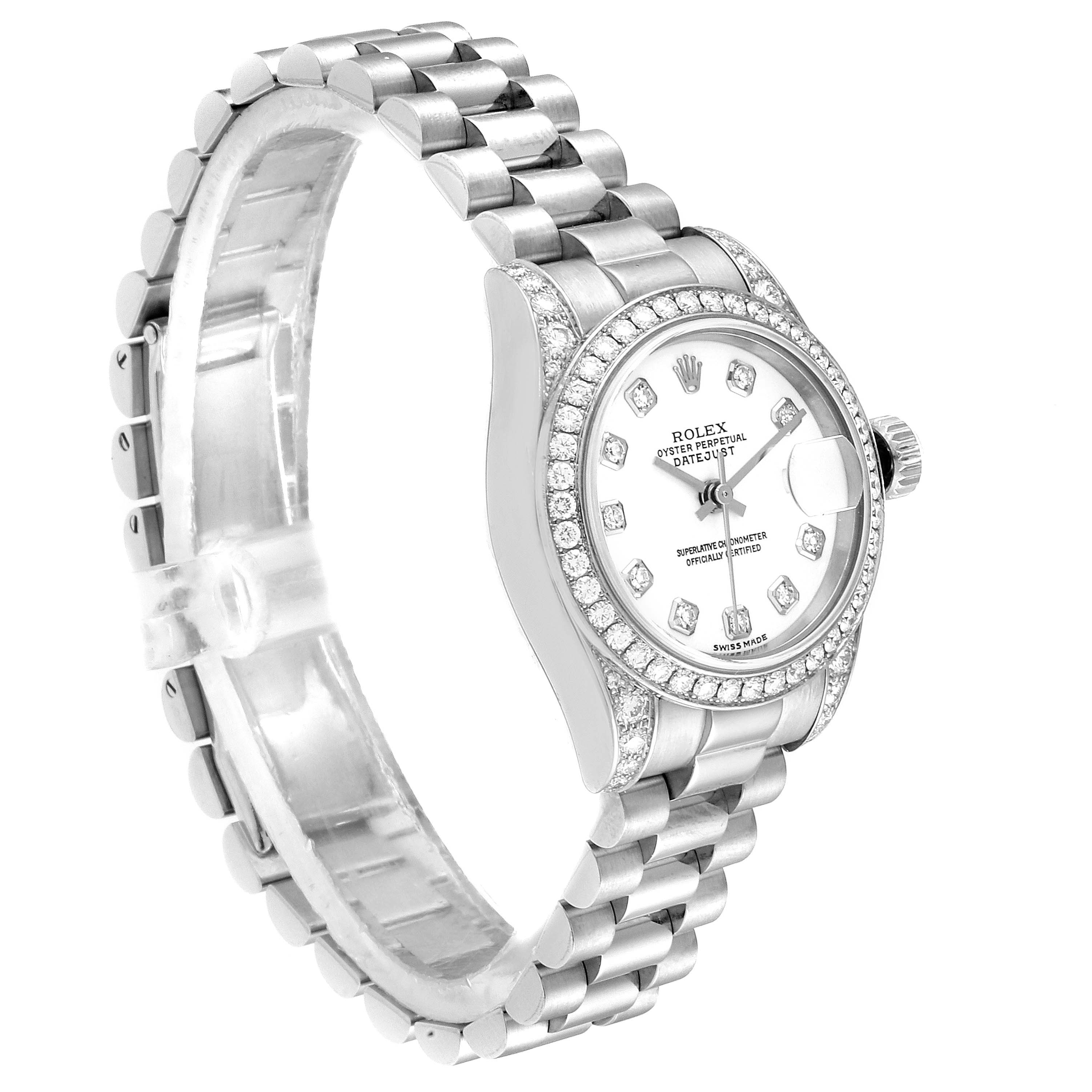 The image shows a Rolex President 179159 Women's White Gold White Dial 179159 Women's White Gold White Dial model watch at an oblique angle, highlighting its bezel, dial, and bracelet.