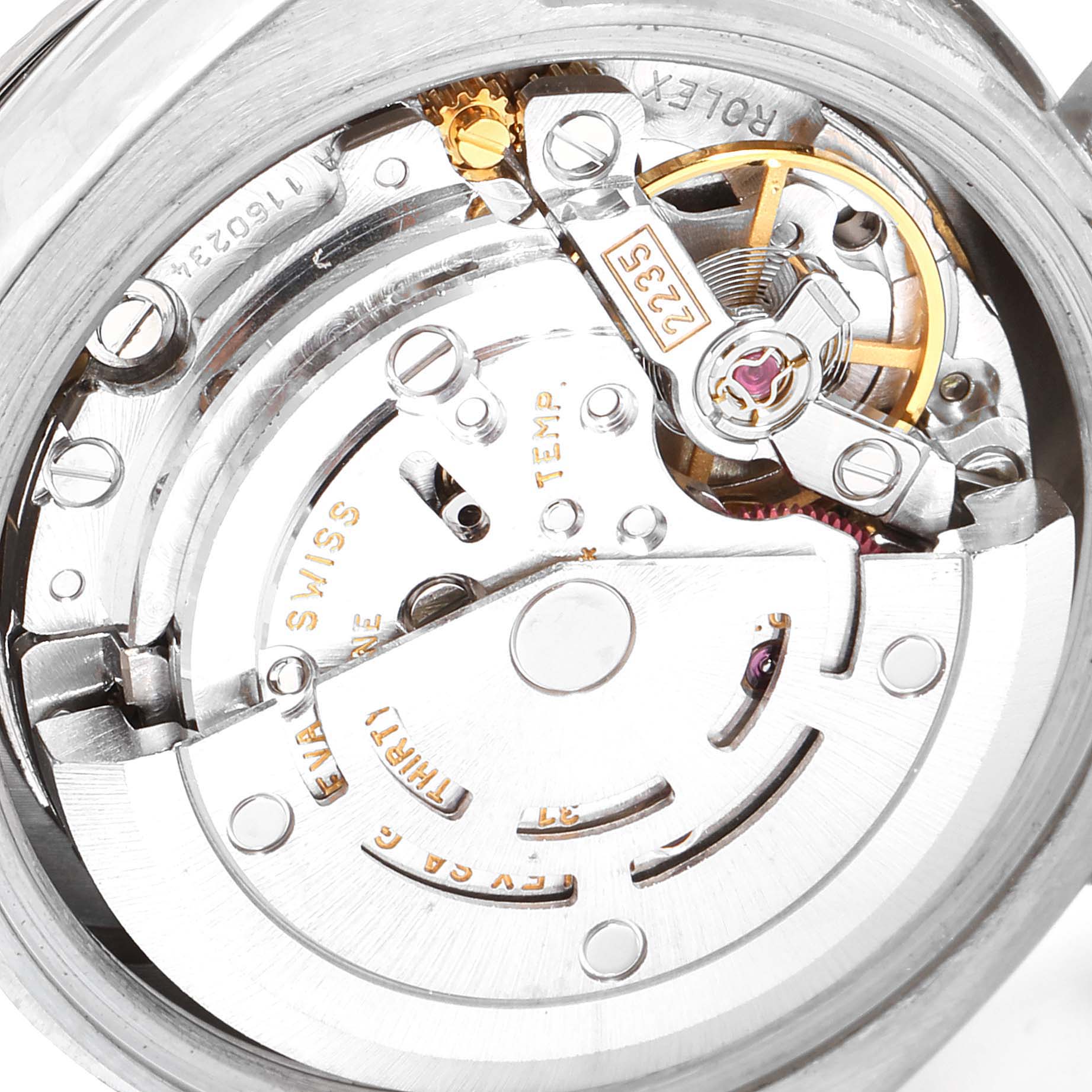 This image shows a close-up of the movement and internal mechanics of the Rolex President 179159 Women's White Gold White Dial 179159 Women's White Gold White Dial watch model.