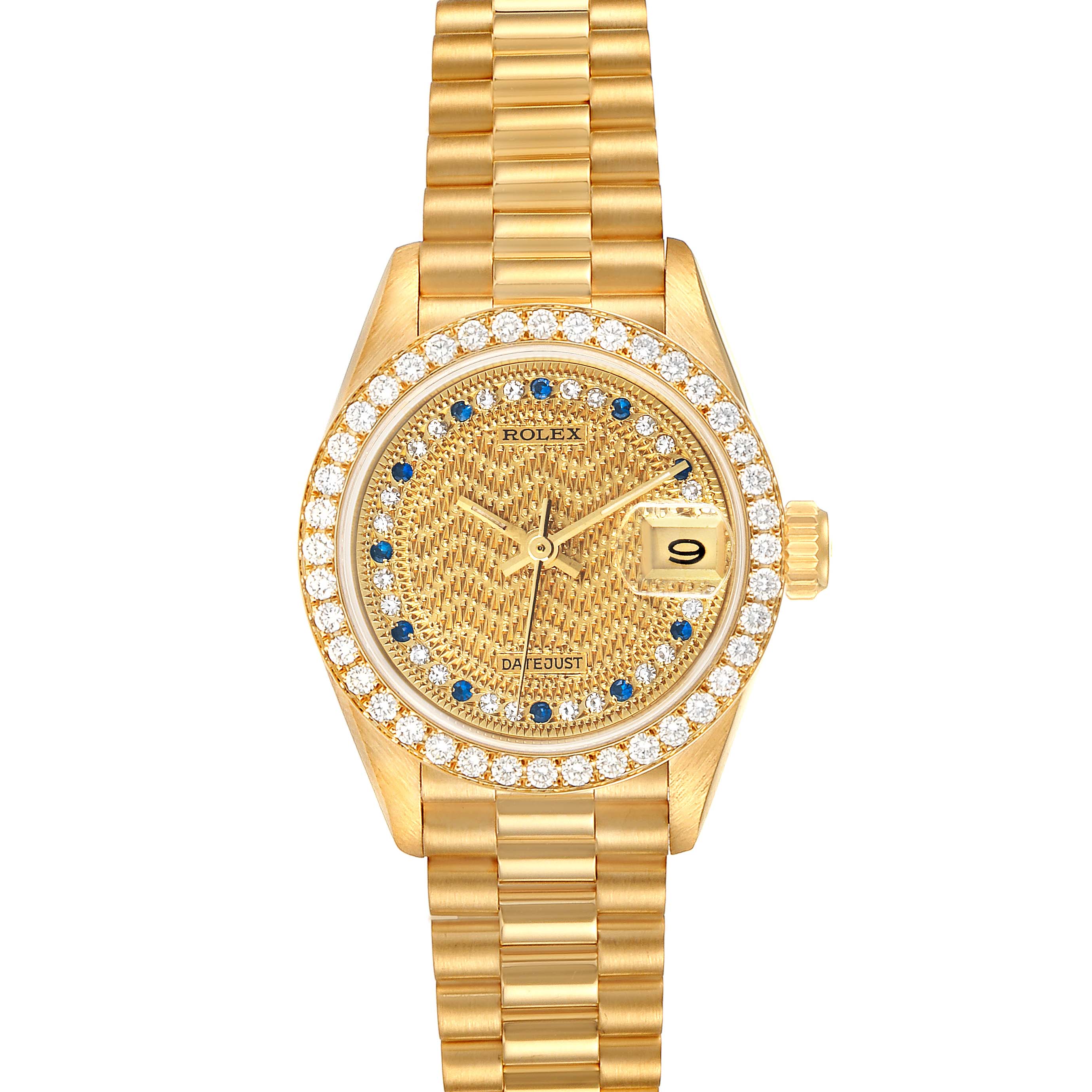 The image shows a Rolex President 69138 Women's Yellow Gold Champagne Dial 69138 Women's Yellow Gold Champagne Dial model watch from a front angle, highlighting the dial, bezel, crown, and bracelet.