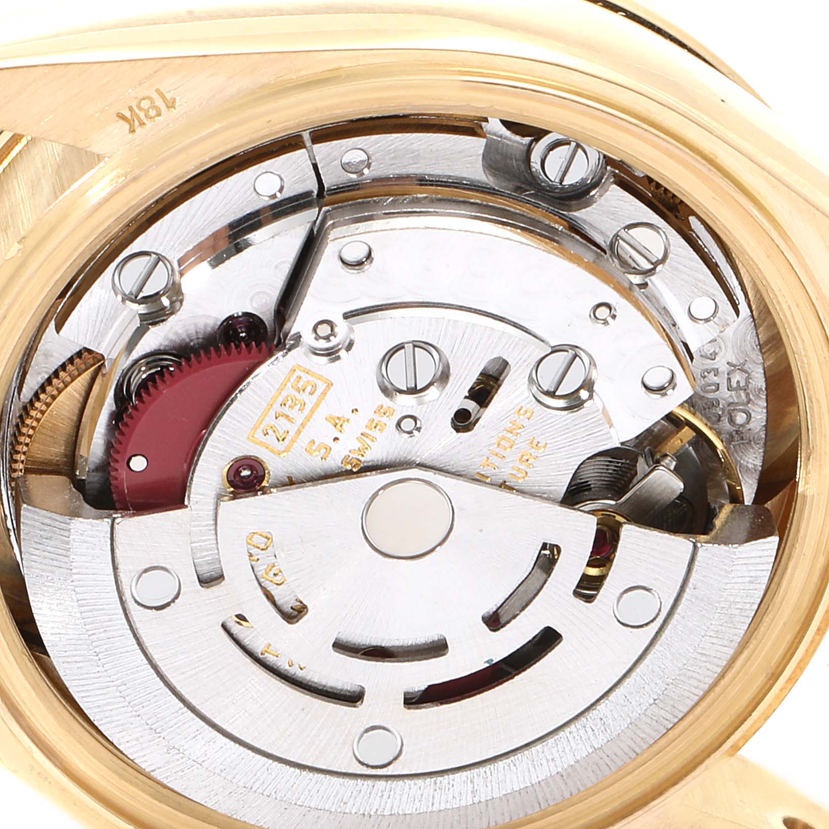 The image shows the internal mechanism and movement of a Rolex President 69138 Women's Yellow Gold Champagne Dial 69138 Women's Yellow Gold Champagne Dial model watch, viewed from the back.
