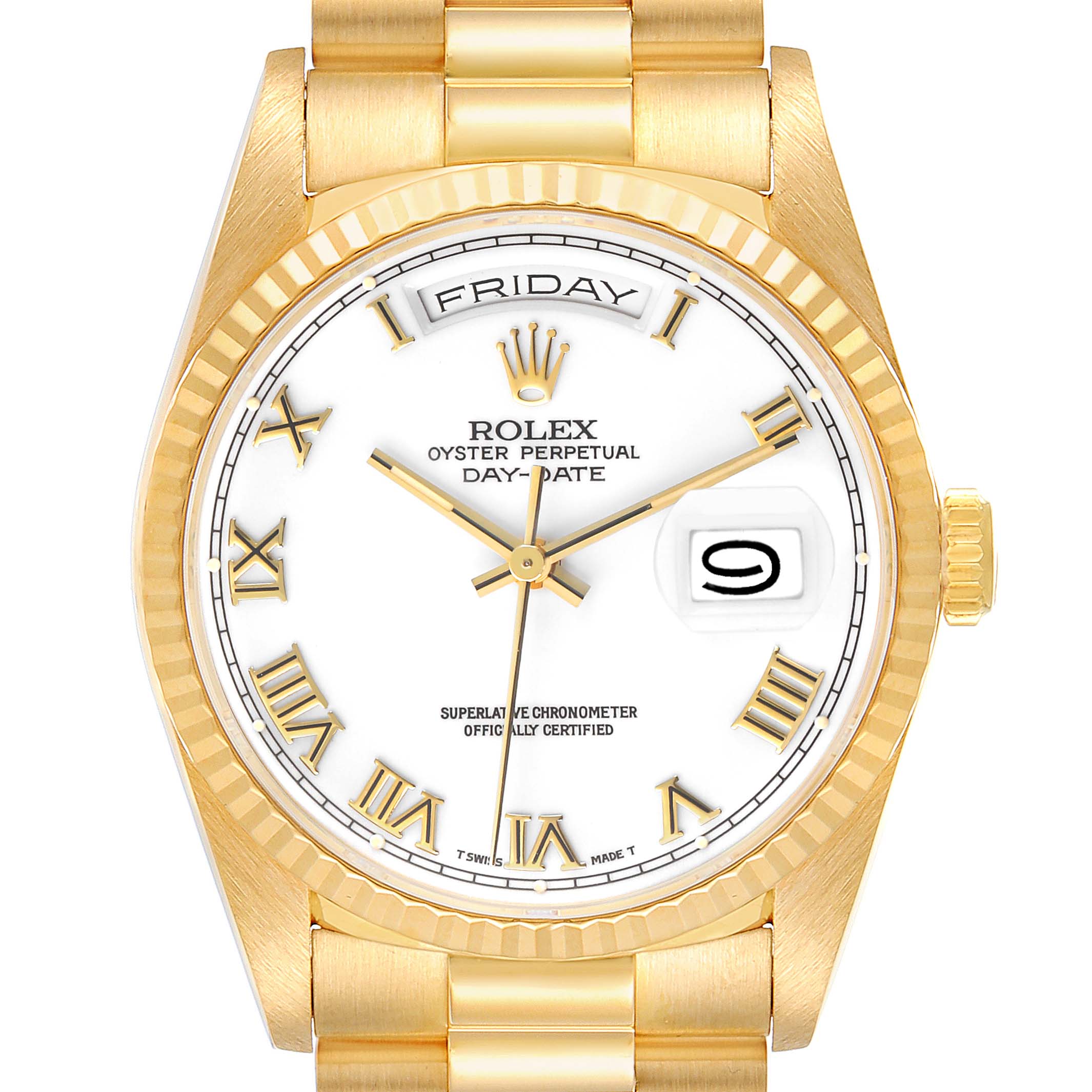 The Rolex President 18238 Men's Yellow Gold White Dial watch is shown from the front, displaying its face, bezel, crown, and part of the bracelet.
