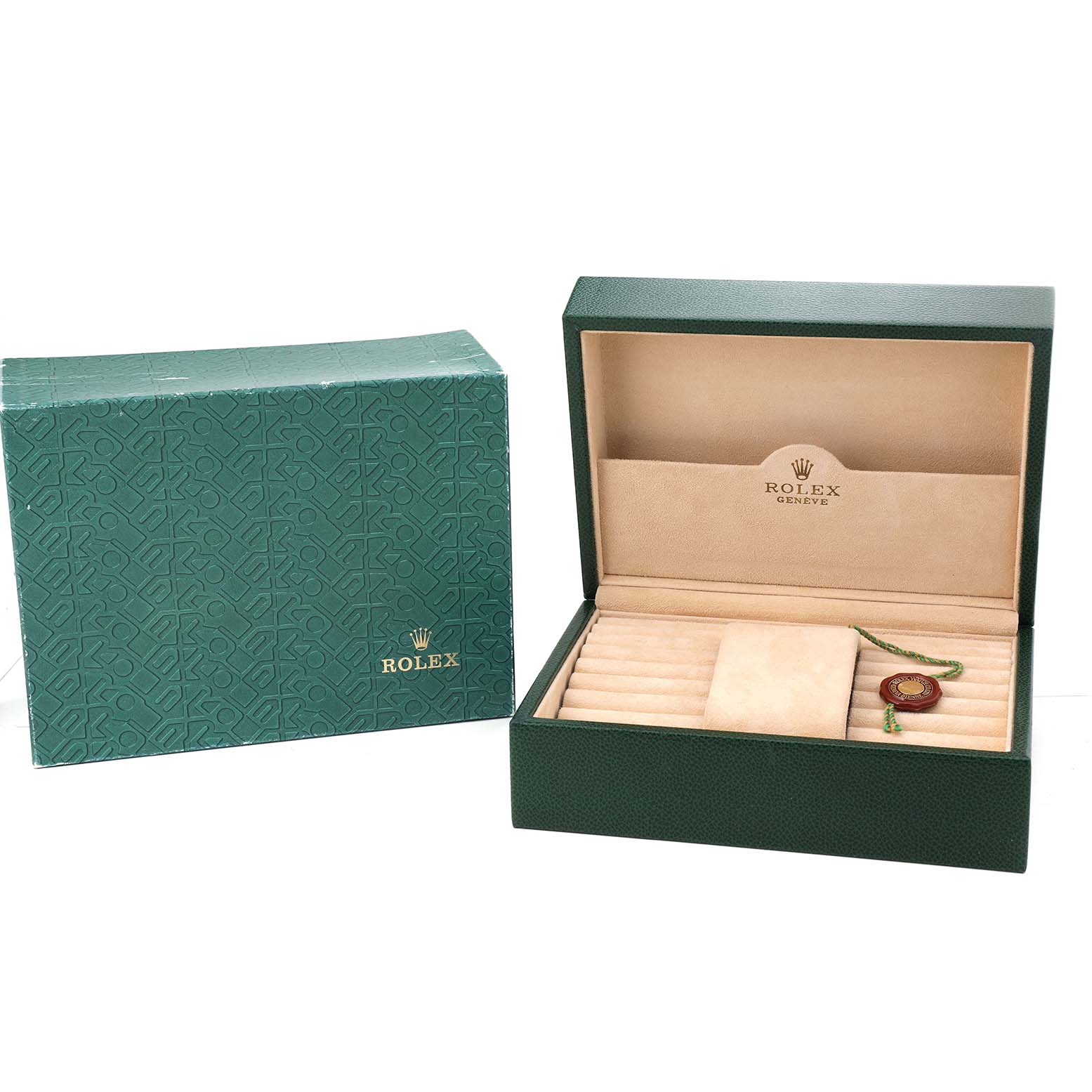 The image shows a Rolex President 18238 Men's Yellow Gold White Dial model watch box and outer packaging, with the box open to display the interior compartments.