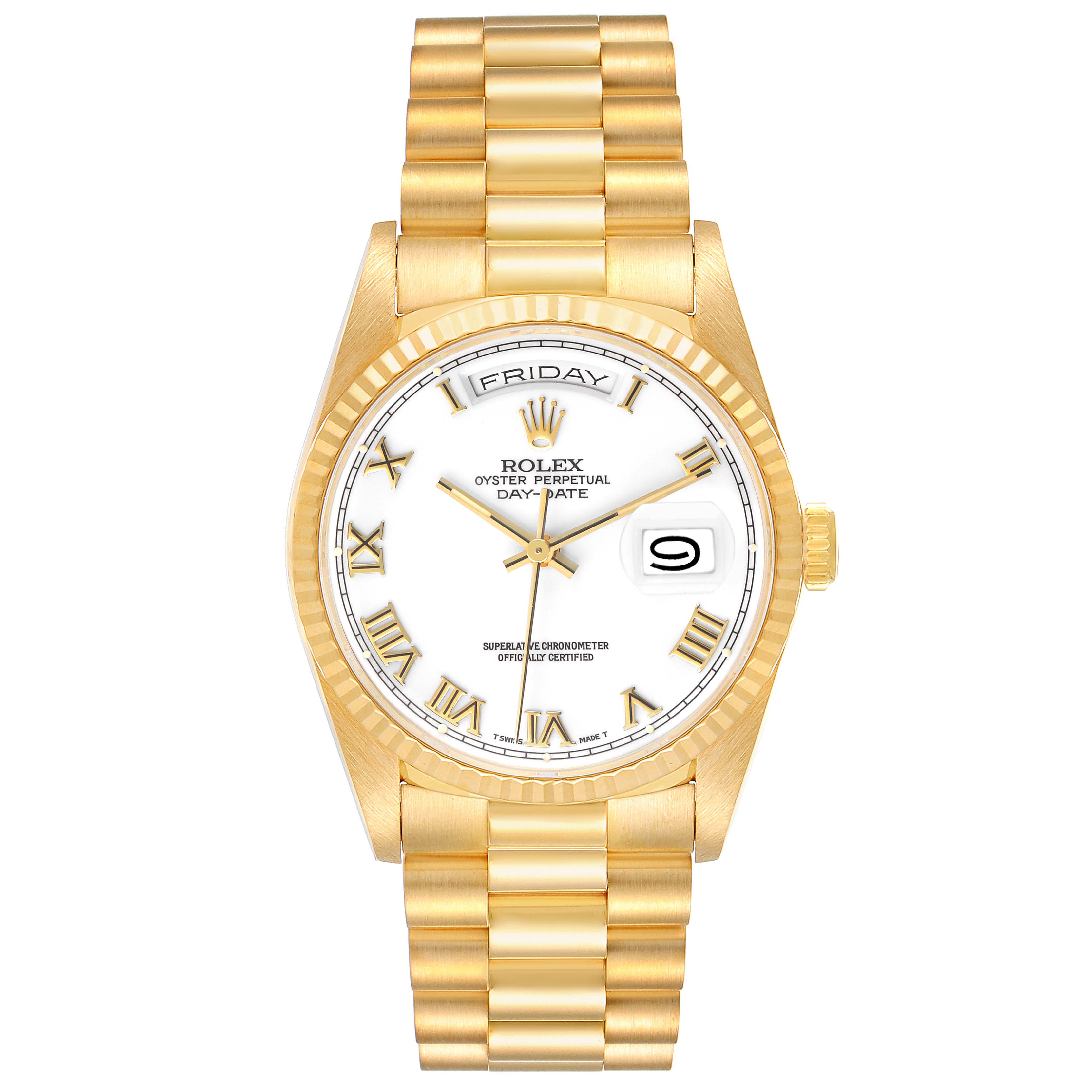 The Rolex President 18238 Men's Yellow Gold White Dial model is shown from a front angle, highlighting the gold bracelet, white dial, and day-date display.