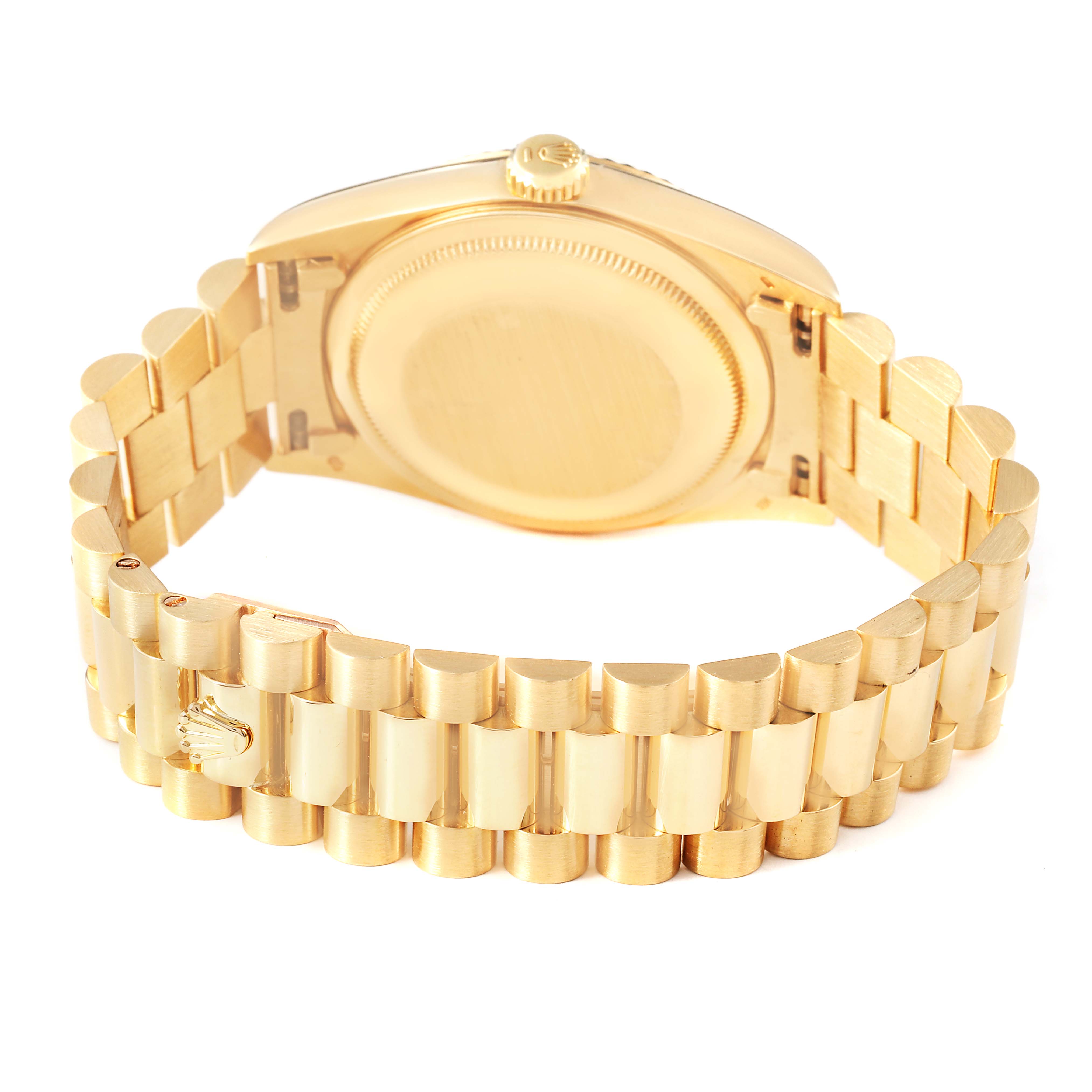 The image shows the back and bracelet of a Rolex President 18238 Men's Yellow Gold White Dial model watch from a rear angle.