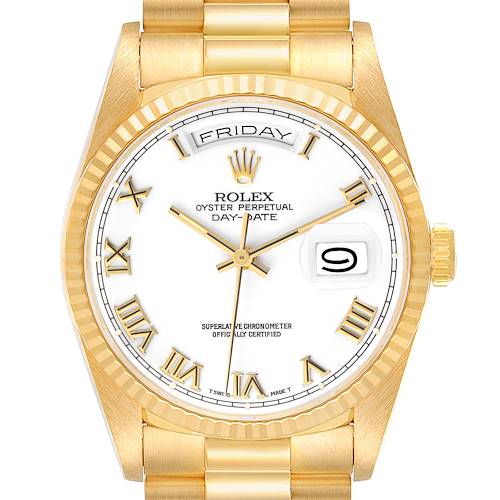 The image shows a front view of a Rolex President 18238 Men's Yellow Gold White Dial model watch, highlighting the dial, bezel, bracelet, and crown.