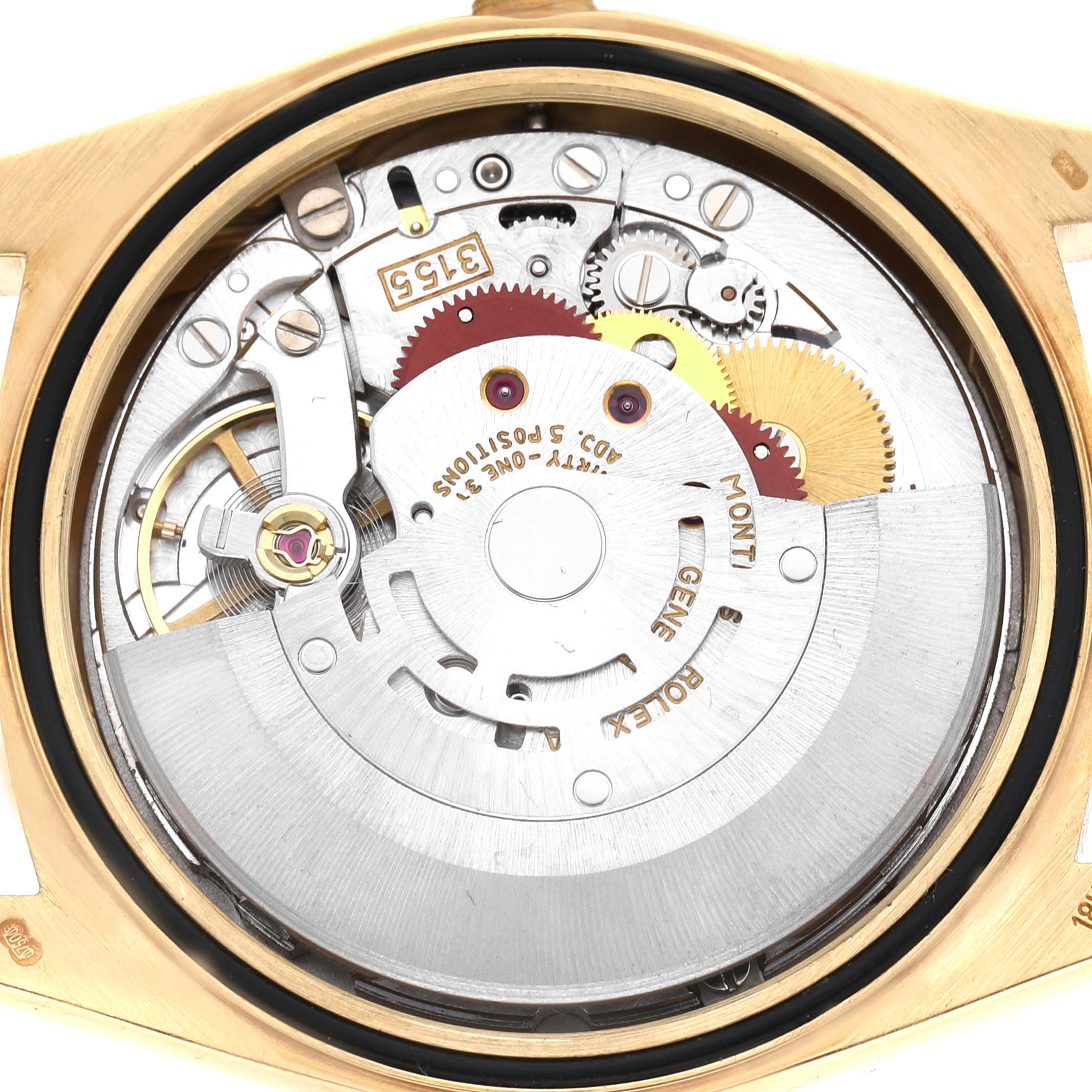 The image shows the inner mechanical movement of a Rolex President 18238 Men's Yellow Gold White Dial watch from a rear view angle.