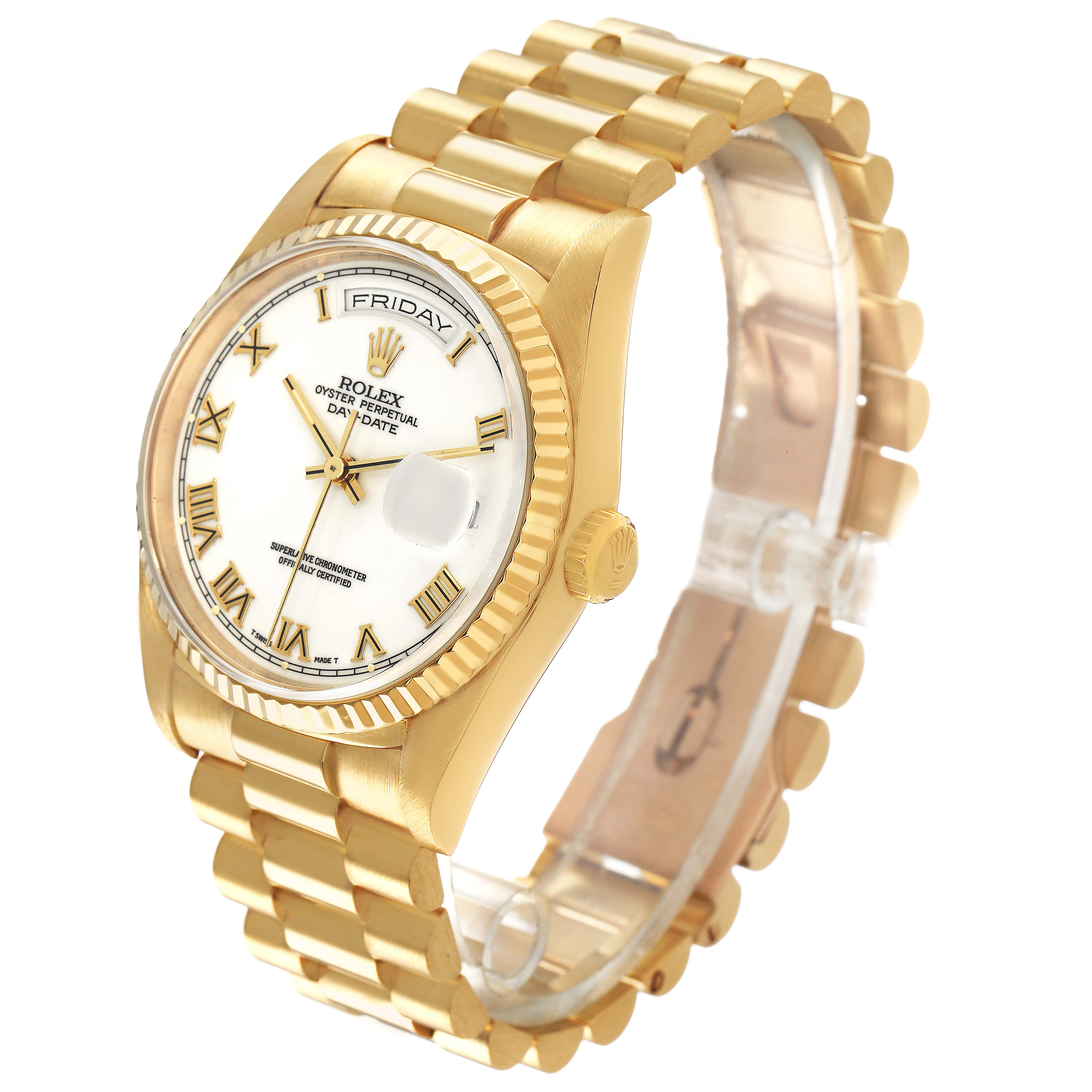 The image shows a Rolex President 18238 Men's Yellow Gold White Dial model watch at a slight angle, displaying the face, bezel, bracelet, and crown.
