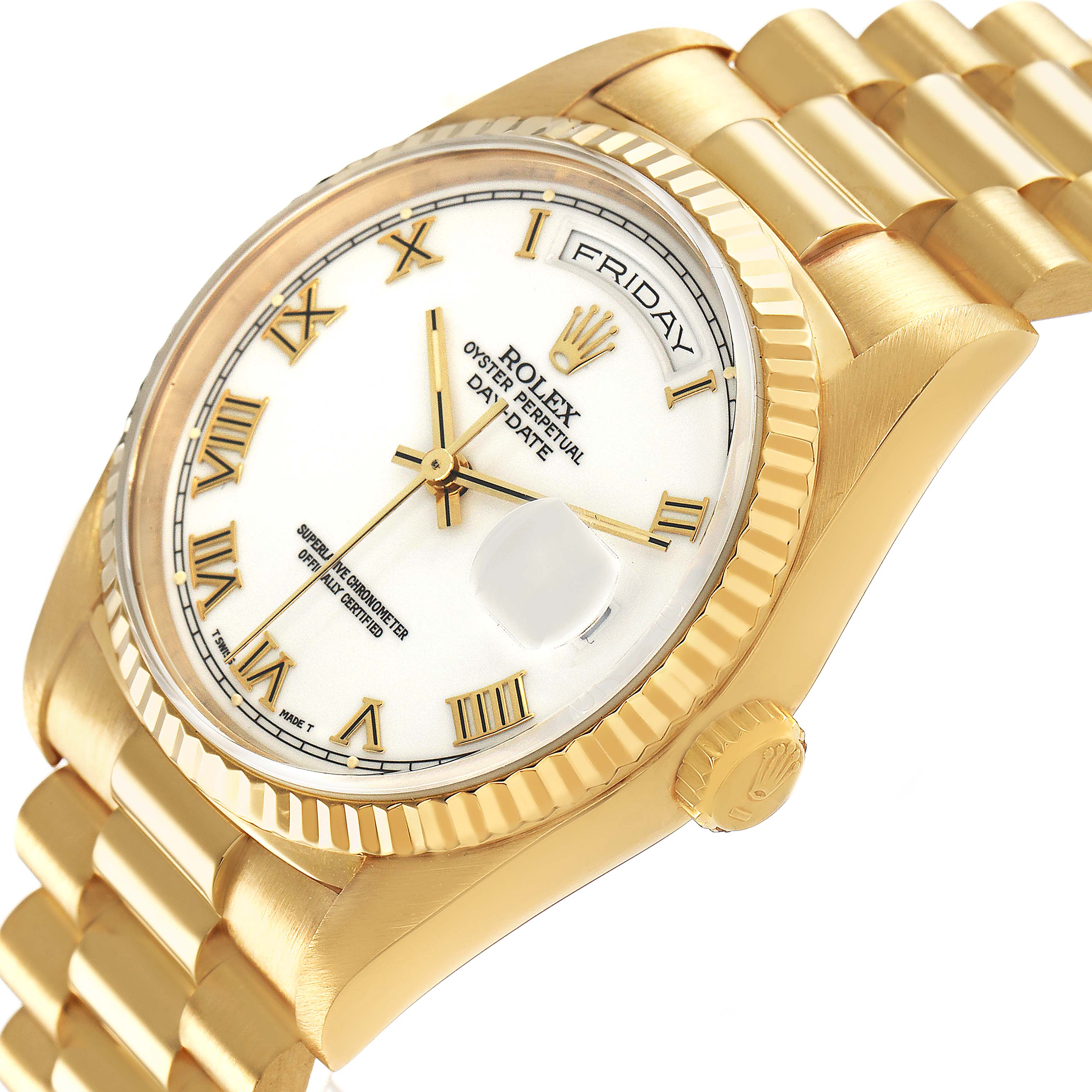The Rolex President 18238 Men's Yellow Gold White Dial watch is shown at a slight angle, highlighting its gold case, bracelet, and white dial with Roman numerals.