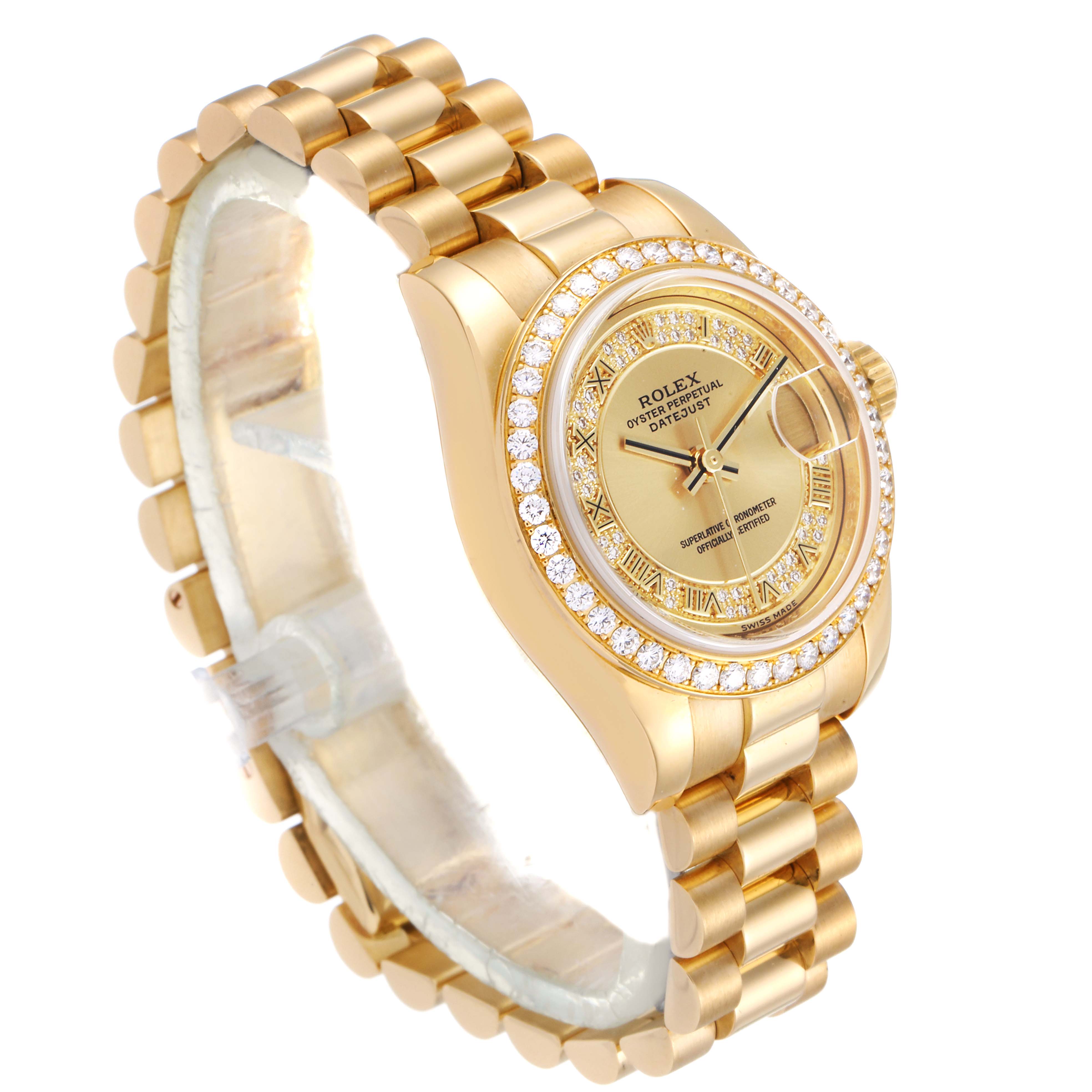 This is the President model Rolex watch shown at an angled side view, showcasing the band, face, and bezel with diamonds.