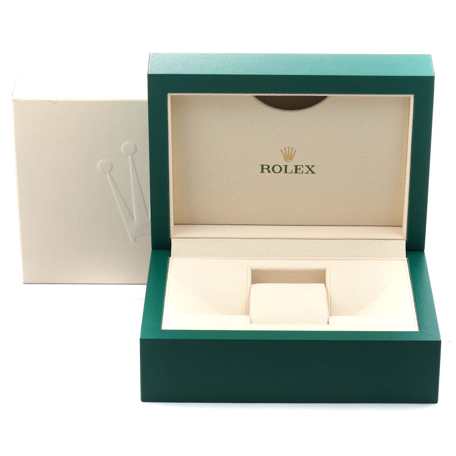 The image shows an open green and beige Rolex President 179138 Women's Yellow Gold Champagne Dial 179138 Women's Yellow Gold Champagne Dial watch box, displaying the logo inside the lid.