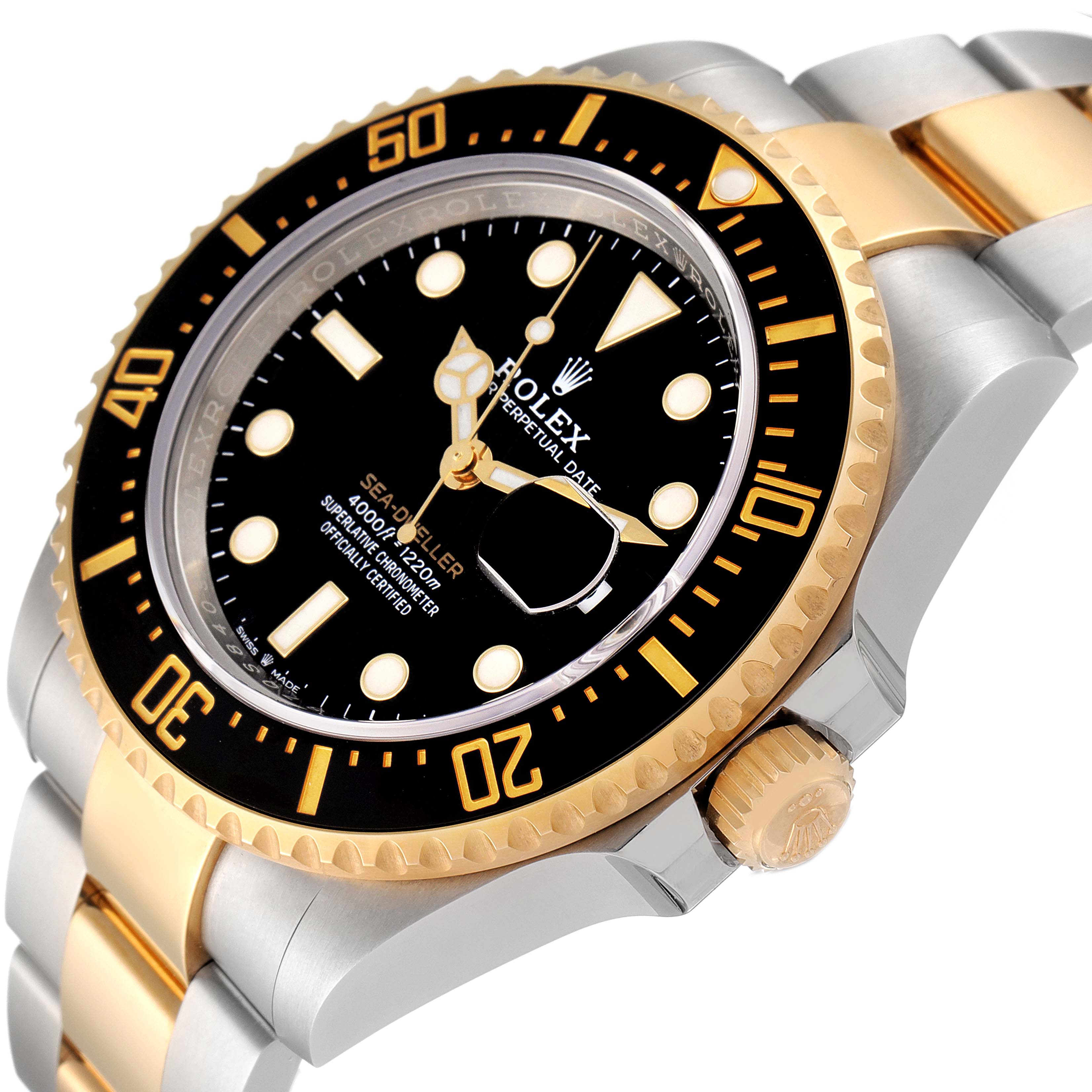 This image shows a close-up angle of a Rolex Sea-Dweller 126603 Men's Steel and Gold (two tone) Black Dial 126603 Men's Steel and Gold (two tone) Black Dial watch, highlighting the face, bezel, and part of the bracelet.
