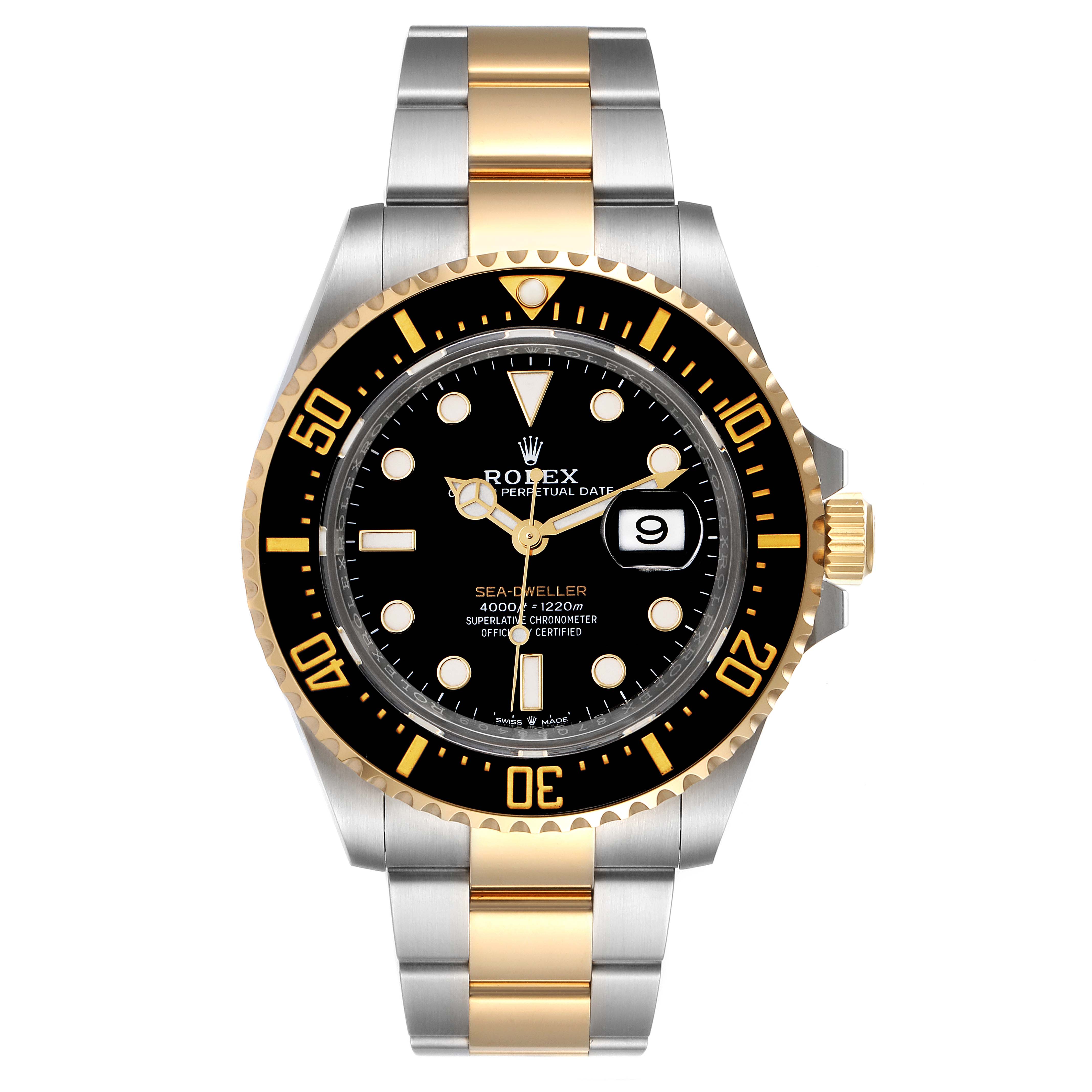 The image shows a front view of a Rolex Sea-Dweller 126603 Men's Steel and Gold (two tone) Black Dial 126603 Men's Steel and Gold (two tone) Black Dial watch featuring a black bezel, gold accents, and a two-tone bracelet.