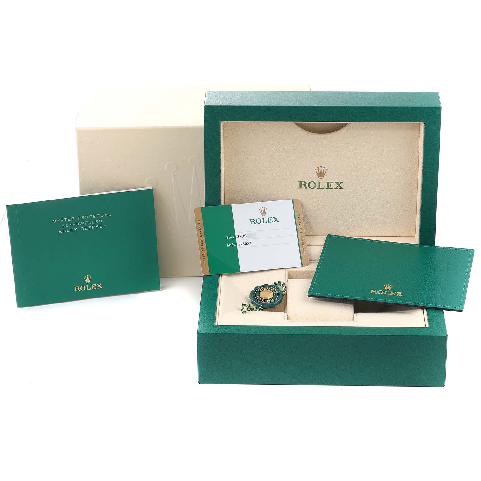 The image shows the packaging, warranty card, manuals, and accessories for the Rolex Sea-Dweller 126603 Men's Steel and Gold (two tone) Black Dial 126603 Men's Steel and Gold (two tone) Black Dial watch.