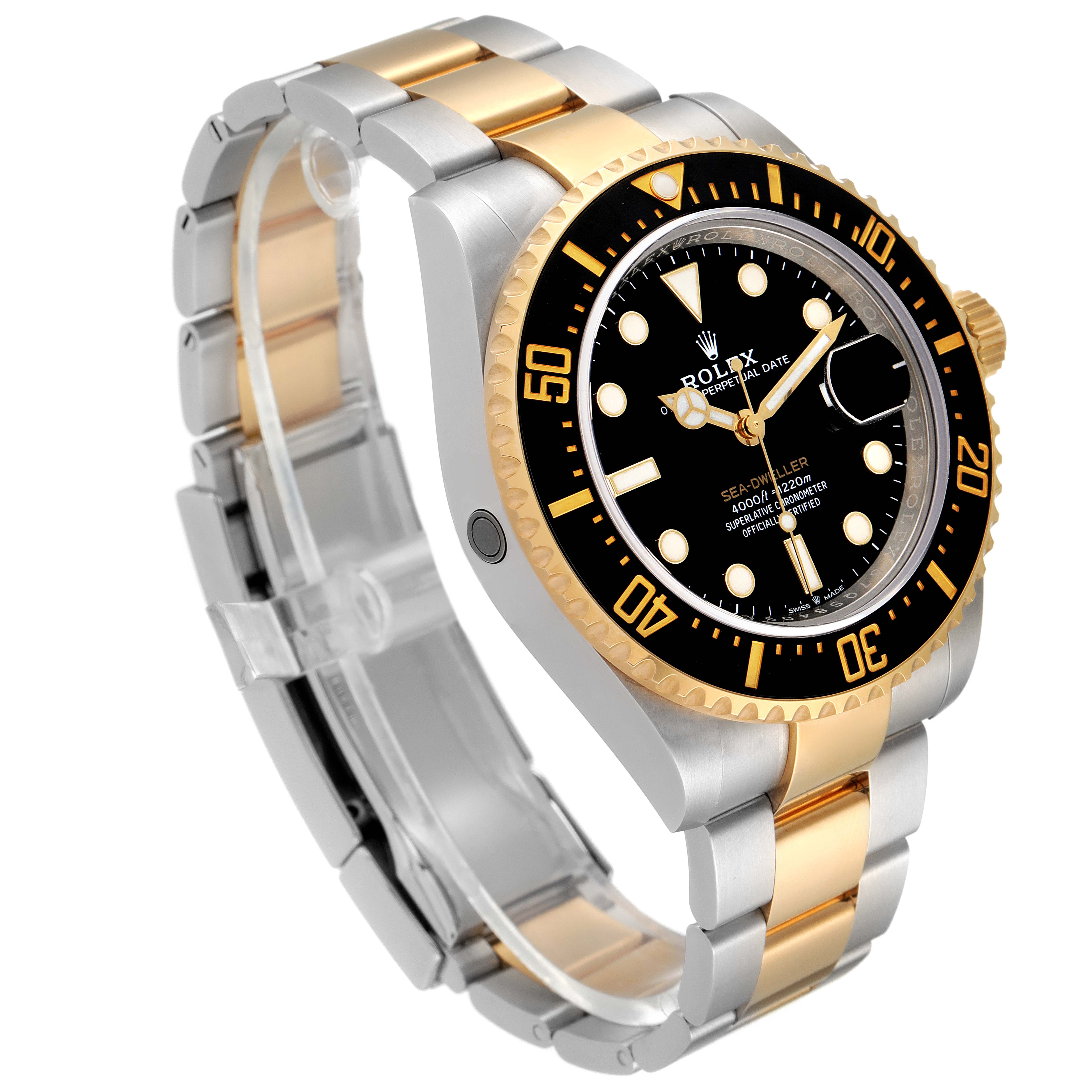 The image shows a Rolex Sea-Dweller 126603 Men's Steel and Gold (two tone) Black Dial 126603 Men's Steel and Gold (two tone) Black Dial watch angled from the front-left, highlighting the bezel, dial, and two-tone bracelet.