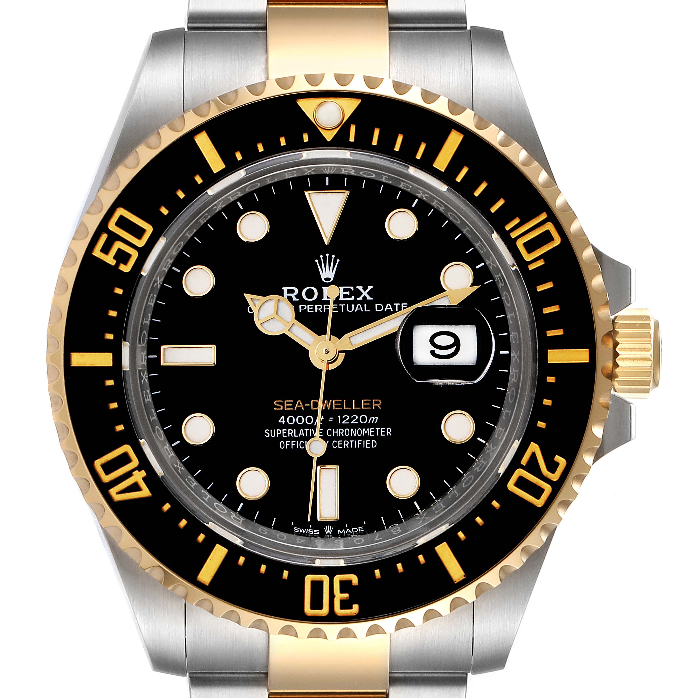 The image shows a front view of a Rolex Sea-Dweller 126603 Men's Steel and Gold (two tone) Black Dial 126603 Men's Steel and Gold (two tone) Black Dial watch featuring a black dial, gold accents, and a two-tone metal bracelet.
