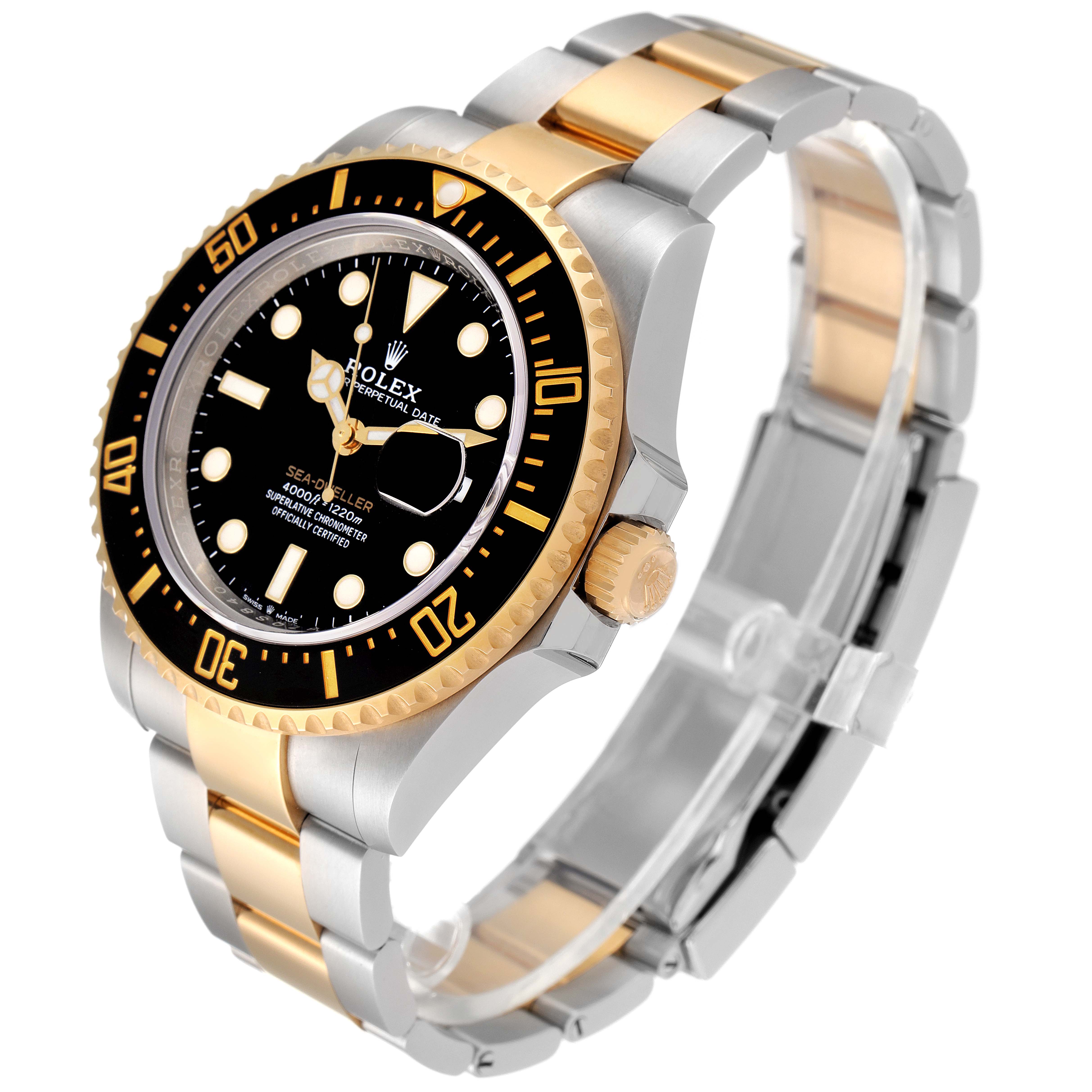 The image shows a Rolex Sea-Dweller 126603 Men's Steel and Gold (two tone) Black Dial 126603 Men's Steel and Gold (two tone) Black Dial watch at a three-quarter angle, highlighting the dial, bezel, and two-tone bracelet.