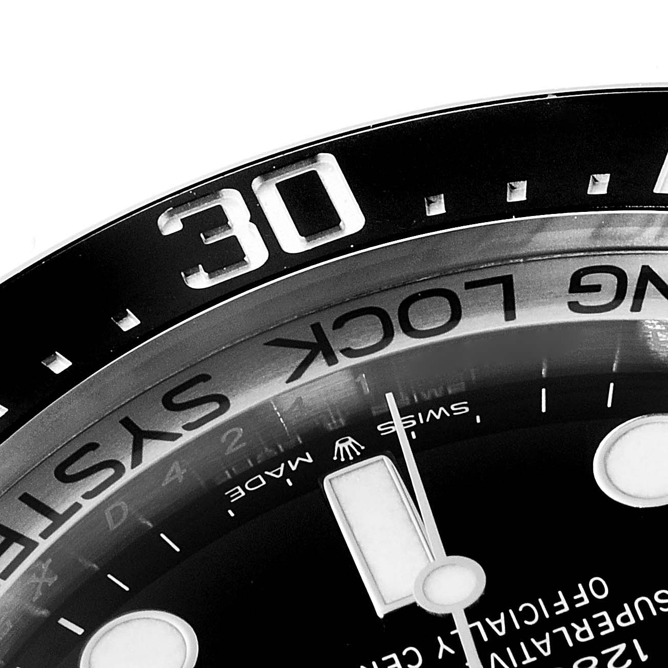 The image shows a close-up of the bezel and part of the dial of the Rolex Sea-Dweller 126660 Men's Stainless Steel Blue Dial 126660 Men's Stainless Steel Blue Dial watch, highlighting the 30-minute mark.