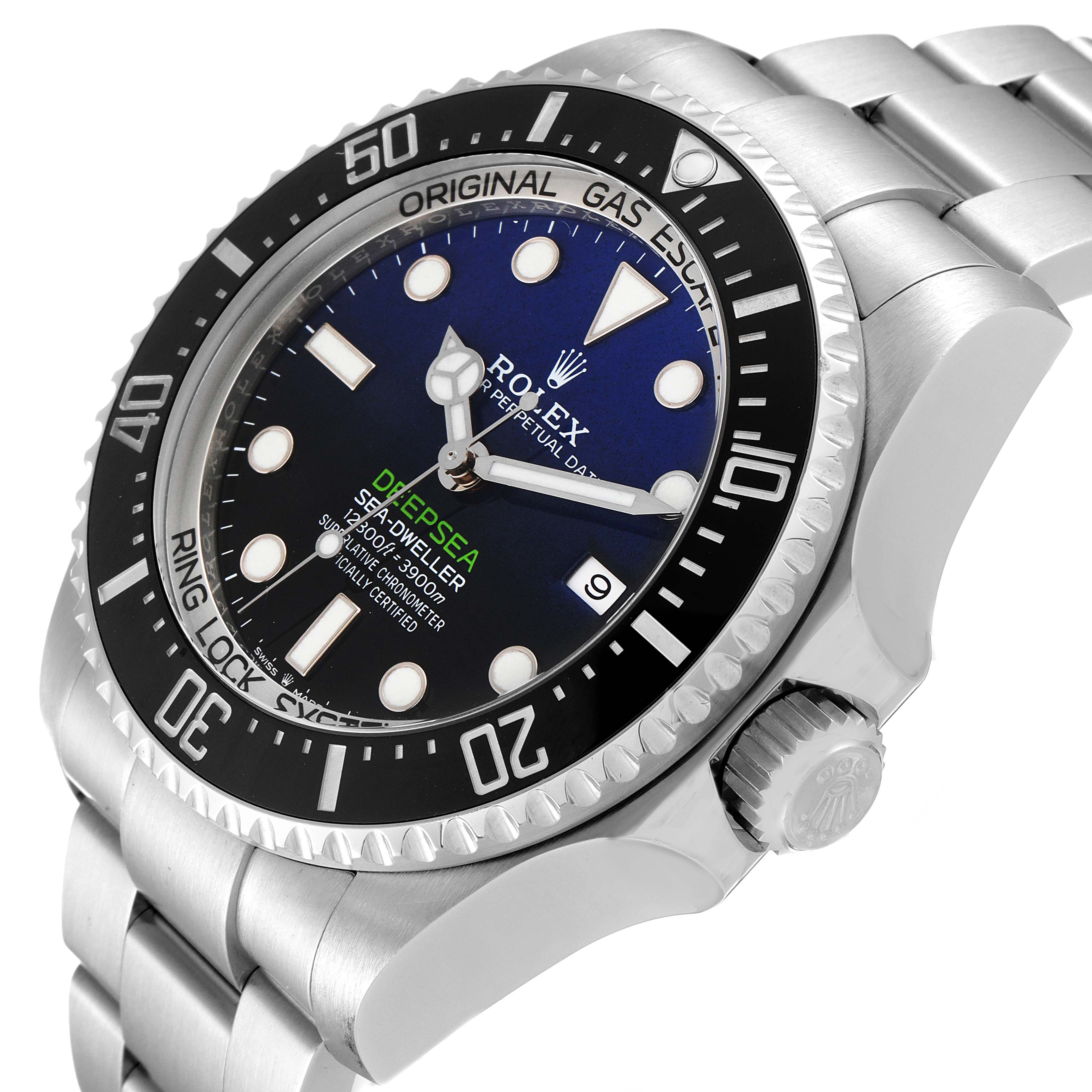 This image shows a close-up angle of the Rolex Sea-Dweller 126660 Men's Stainless Steel Blue Dial 126660 Men's Stainless Steel Blue Dial watch showcasing its dial, bezel, crown, and part of the bracelet.