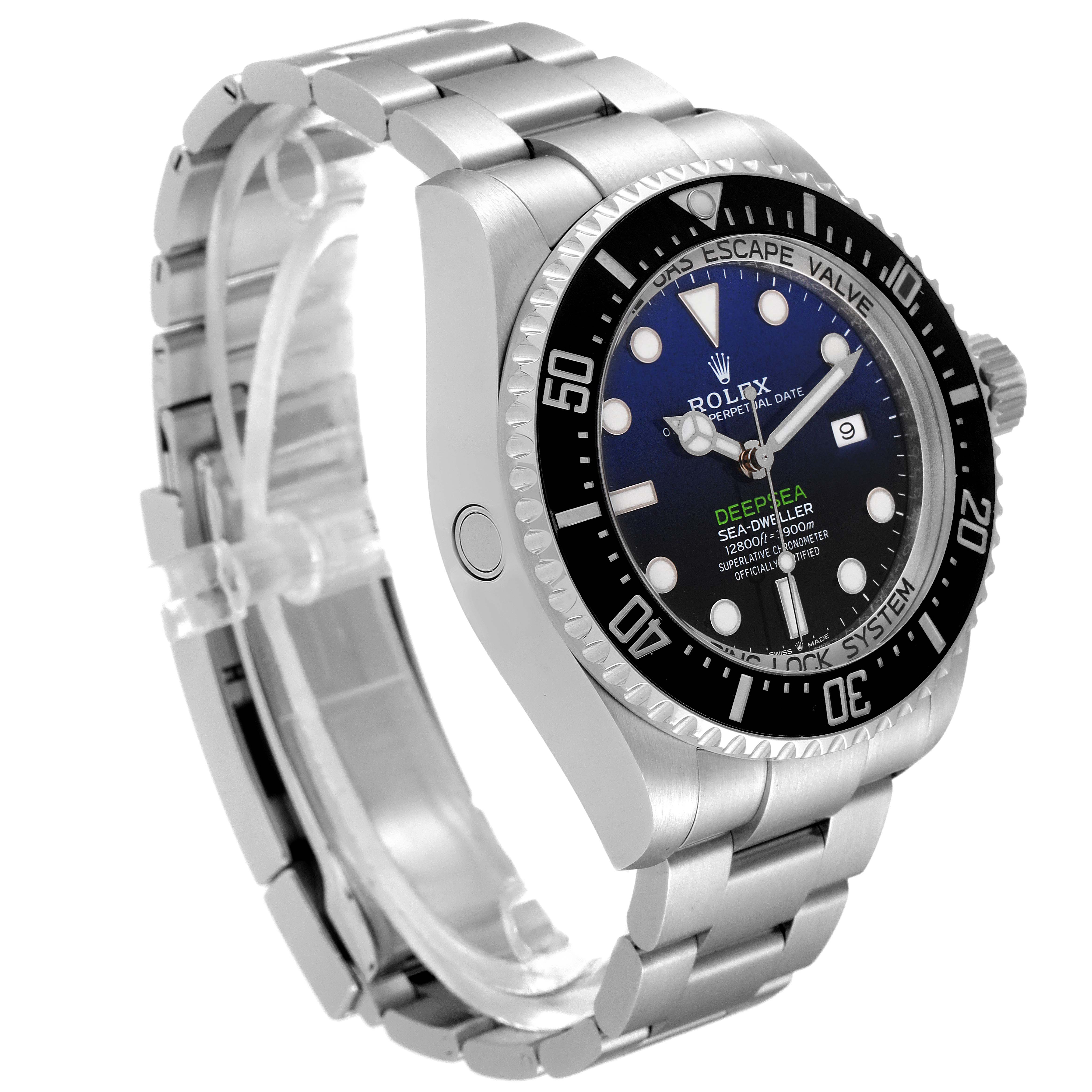The image shows a Rolex Sea-Dweller 126660 Men's Stainless Steel Blue Dial 126660 Men's Stainless Steel Blue Dial watch from a side angle, highlighting the case, bezel, dial, and bracelet.