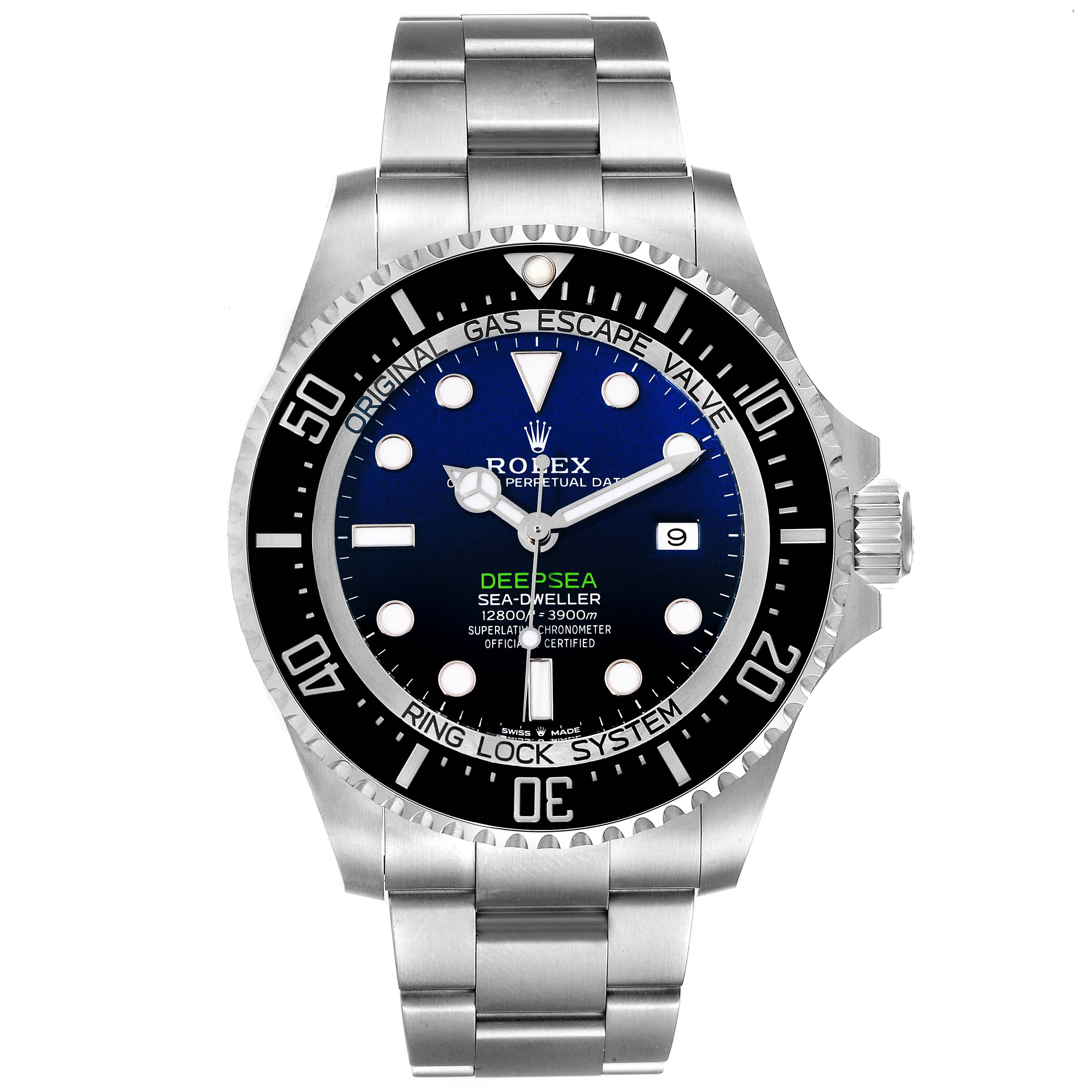 This image shows a front view of the Rolex Sea-Dweller 126660 Men's Stainless Steel Blue Dial 126660 Men's Stainless Steel Blue Dial watch displaying its face, bezel, bracelet, and crown.