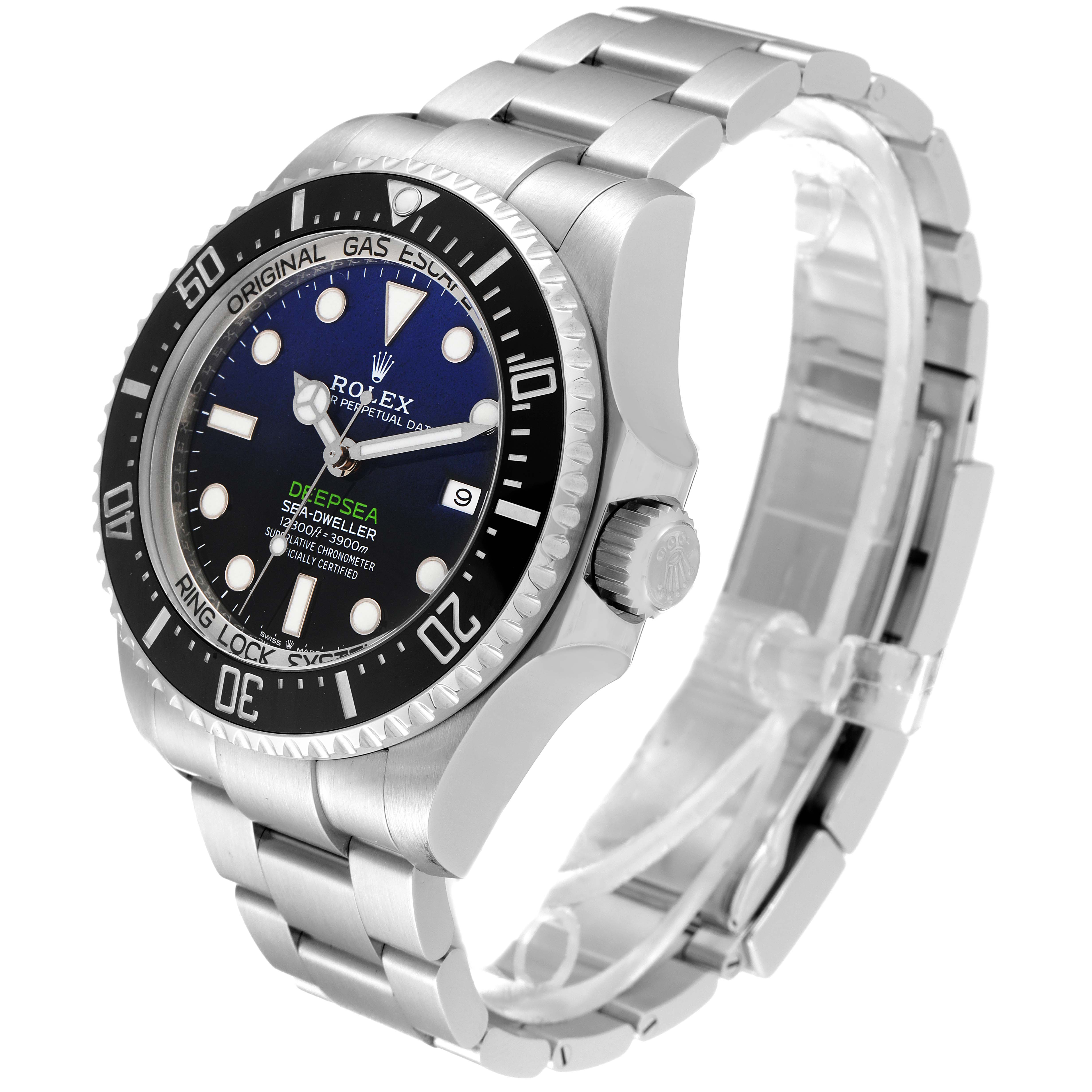 The image shows a Rolex Sea-Dweller 126660 Men's Stainless Steel Blue Dial 126660 Men's Stainless Steel Blue Dial watch angled to display its face, bezel, crown, and part of the bracelet.
