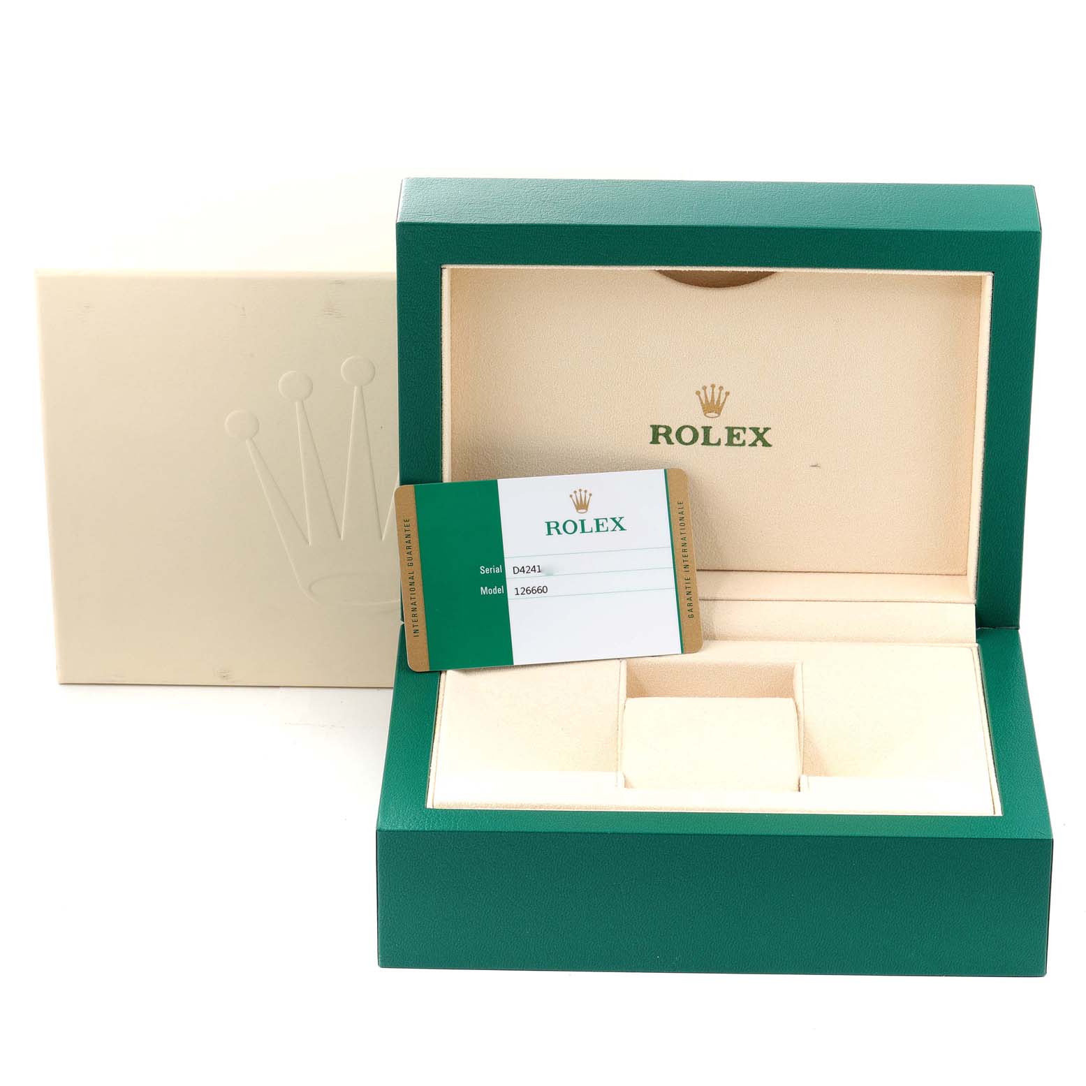 A Rolex Sea-Dweller 126660 Men's Stainless Steel Blue Dial 126660 Men's Stainless Steel Blue Dial box with an interior card displaying the model number 126660 is shown from the front.