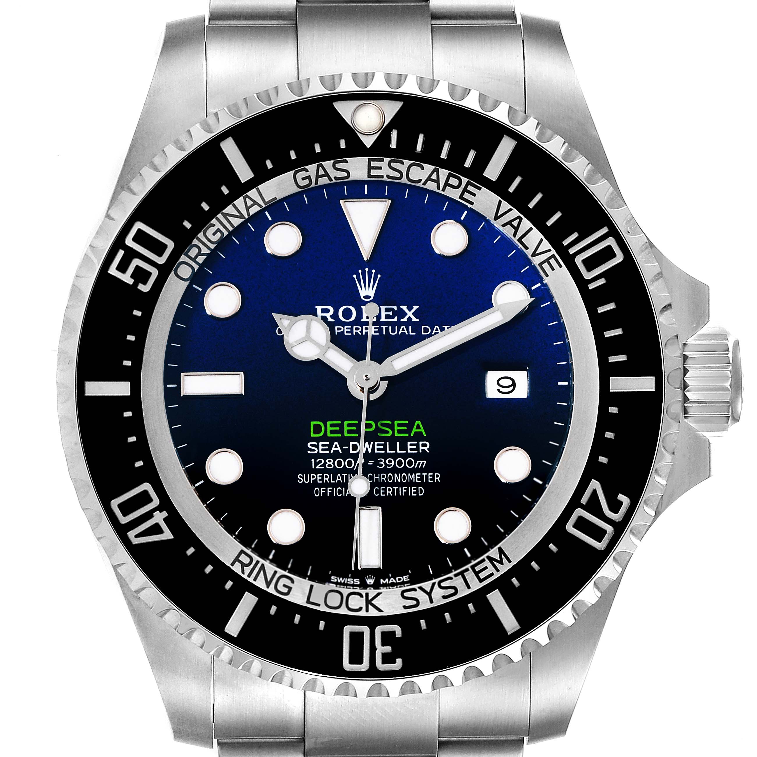 The Rolex Sea-Dweller 126660 Men's Stainless Steel Blue Dial 126660 Men's Stainless Steel Blue Dial watch is shown from a front angle, highlighting its dial, bezel, and bracelet.