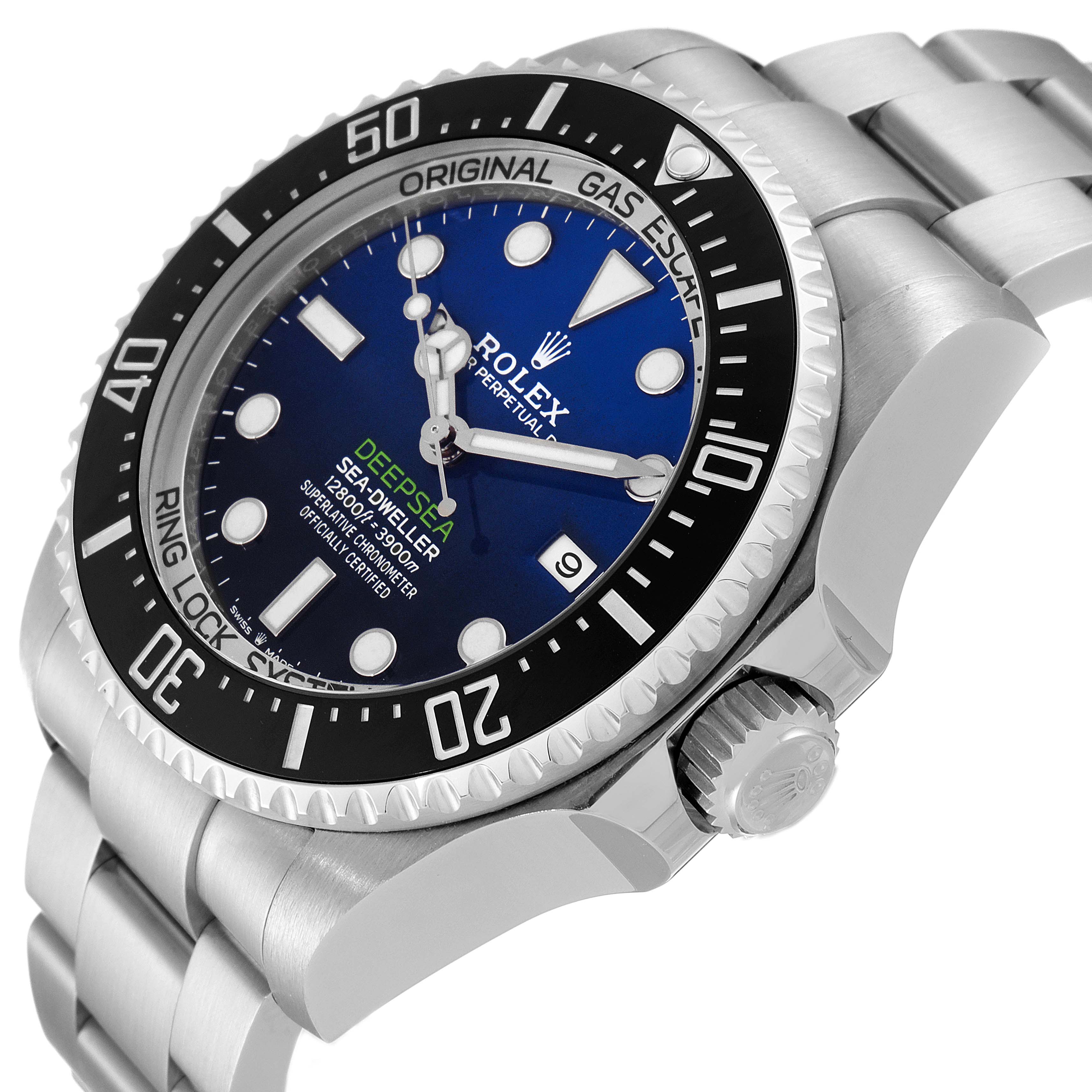 The image shows a side and partial face view of the Rolex Sea-Dweller 126660 Men's Stainless Steel Blue Dial 126660 Men's Stainless Steel Blue Dial watch, focusing on the bezel, crown, and bracelet.