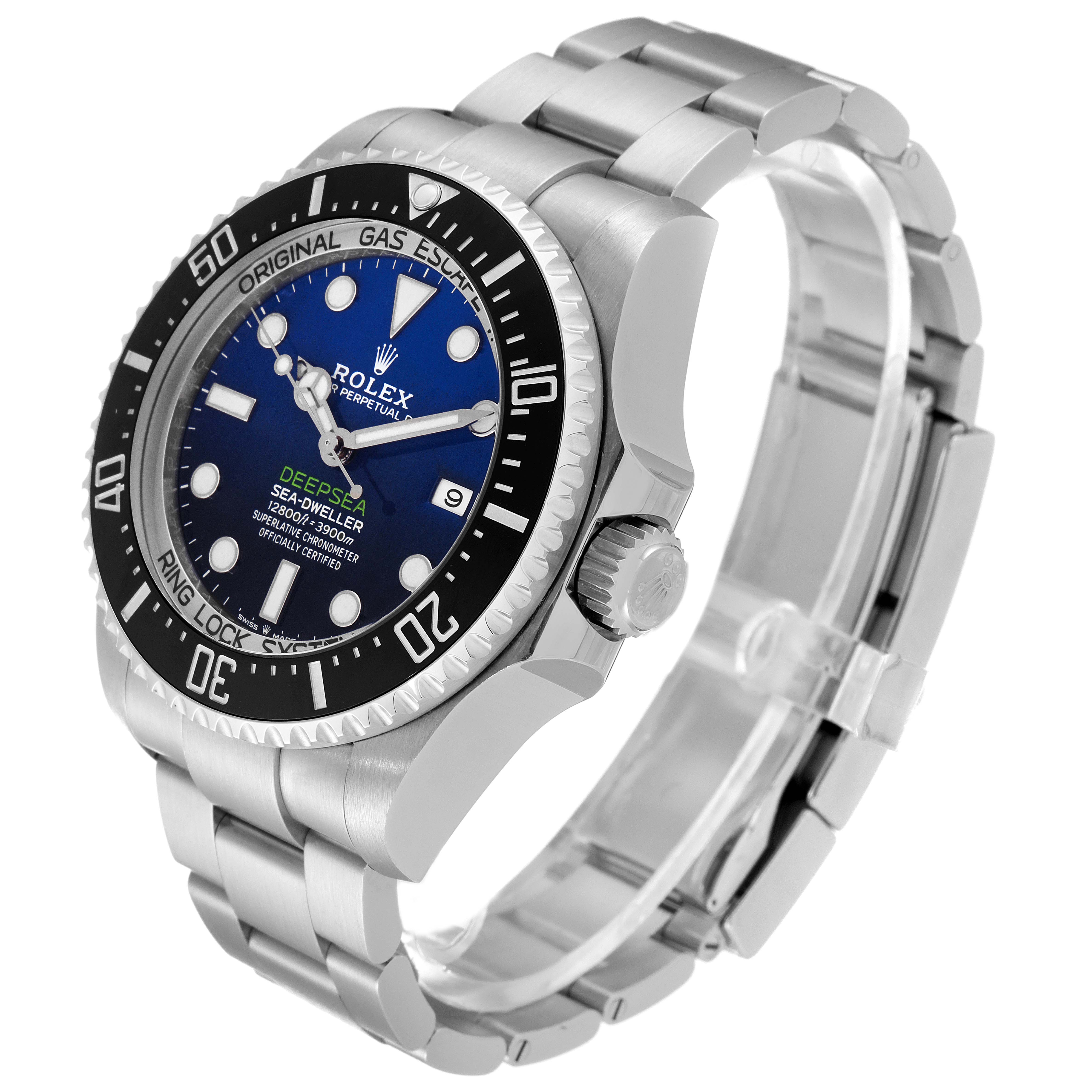 The image shows a Rolex Sea-Dweller 126660 Men's Stainless Steel Blue Dial 126660 Men's Stainless Steel Blue Dial watch at an angled view, highlighting the face, bezel, crown, and bracelet.